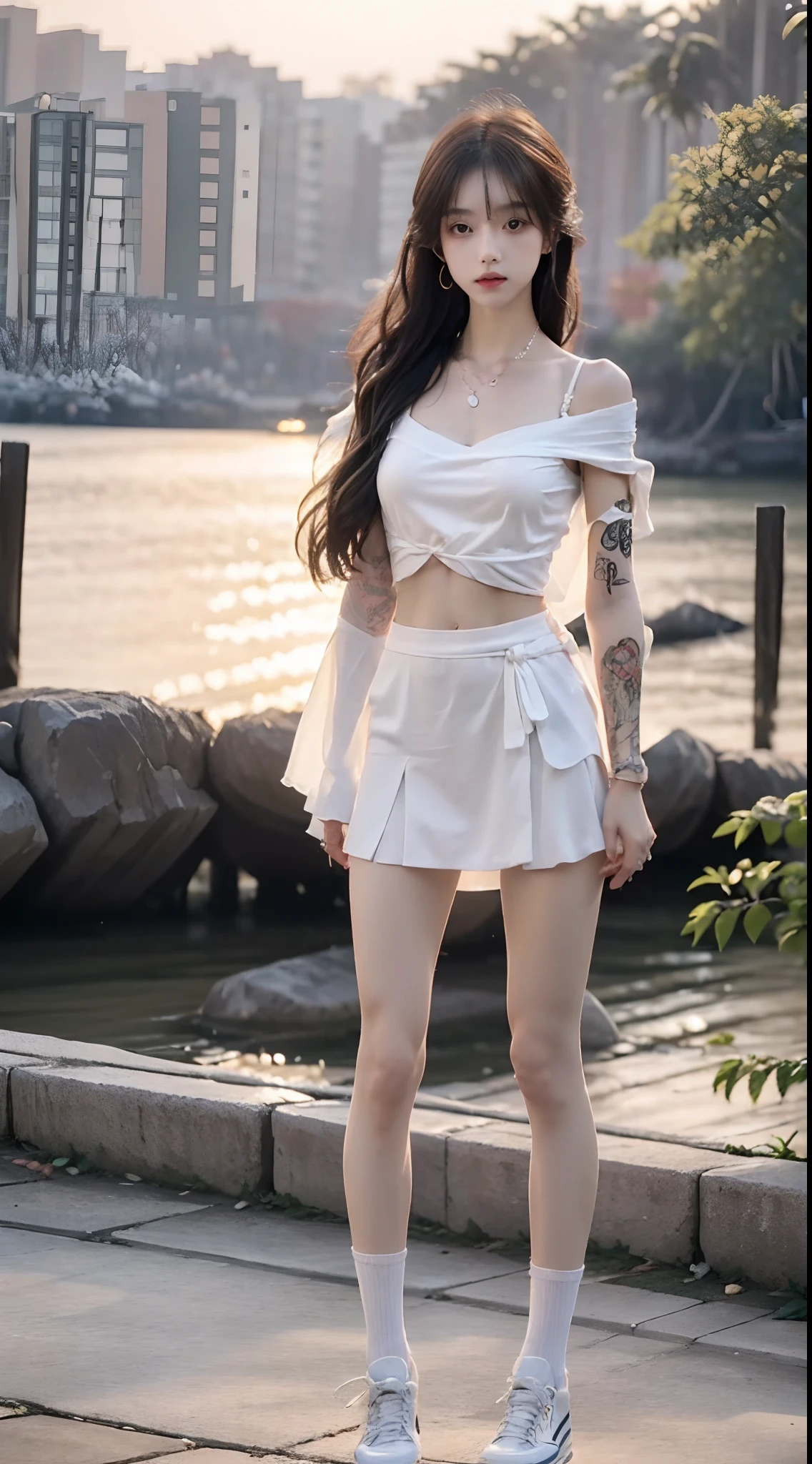 (stand posture,full bodyesbian:1.5),(1girll:1.3),(anatomy correct:1.4),(JK short school uniform:1.2),(White high socks:1.3),(with tattoos:1.2),(wavy and long hair:1.1),(Delicate, Youthful face:1.2),(Accurate and perfect legs:1.3),(Slender and slender figure,Skinny,Skinny:1.2),(Smaller bust:1.3),(Converse shoes:1.2),(bookbag:1.1),hyper HD, Ray traching, reflective light,structurally correct, Award-Awarded, High detail, Fade-in and fade-out shadow contrast, Face lighting,Cinematic lighting, Masterpiece, super detailing, High quality, High detail, Best quality, 16k,High contrast