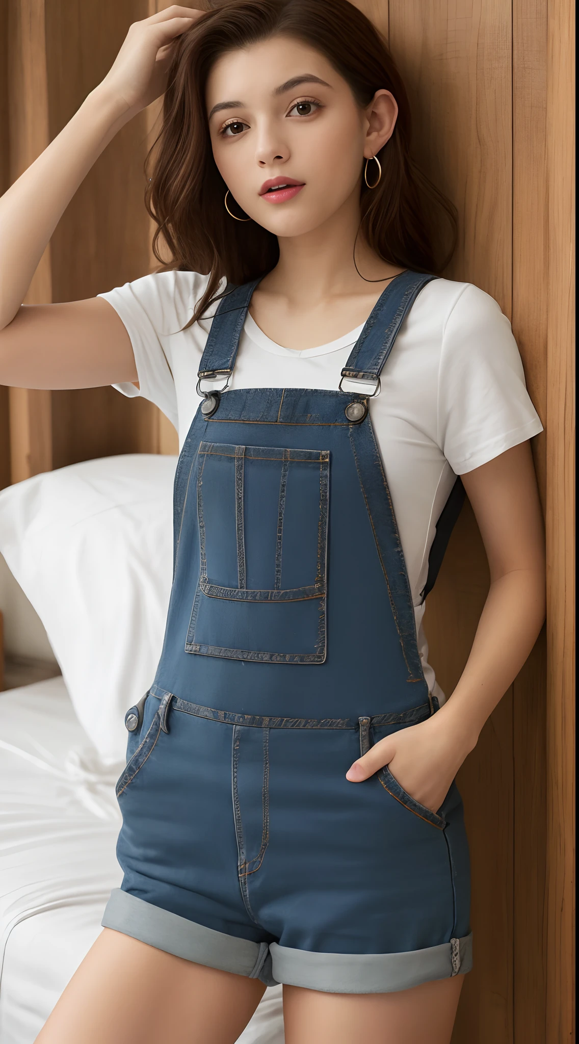 Tom Holanda, corpo de uma garota adolescente, Tiny dungarees, ombro expostos, Sentada na cama, foco nas coxas