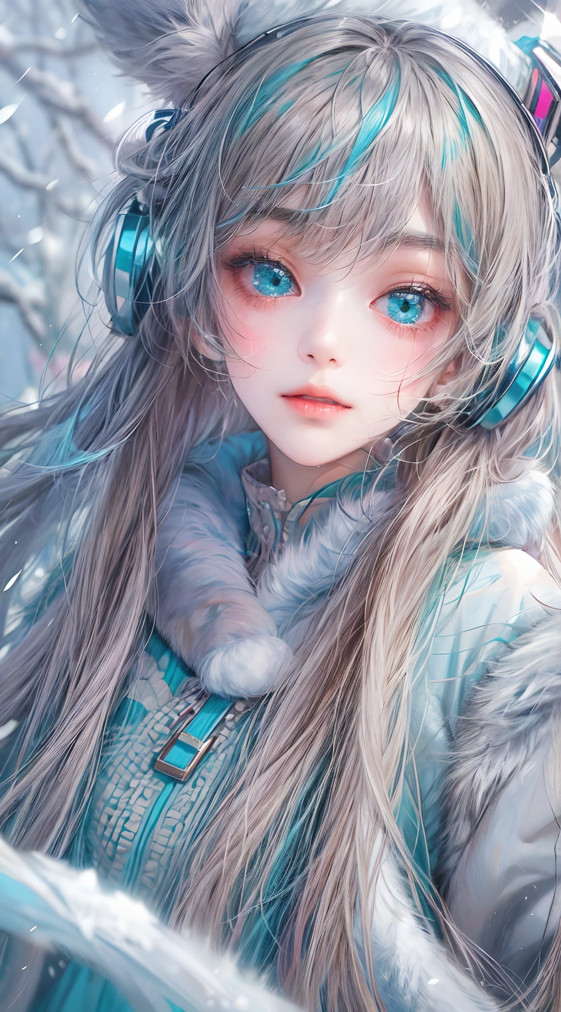 Absurdres masterpiece HDR high quality picture of Hatsune Miku, very young age girl with detailed face, simple hair design , beautiful face, simple pose hands hiding in her long hair and clothes, very long hair, ((random hair style:1 )) , anime eyes, light skin ,
Winter clothes outfit , detailed hair ornaments , winter muffs and fur hat, beautiful background, masterpiece scenery