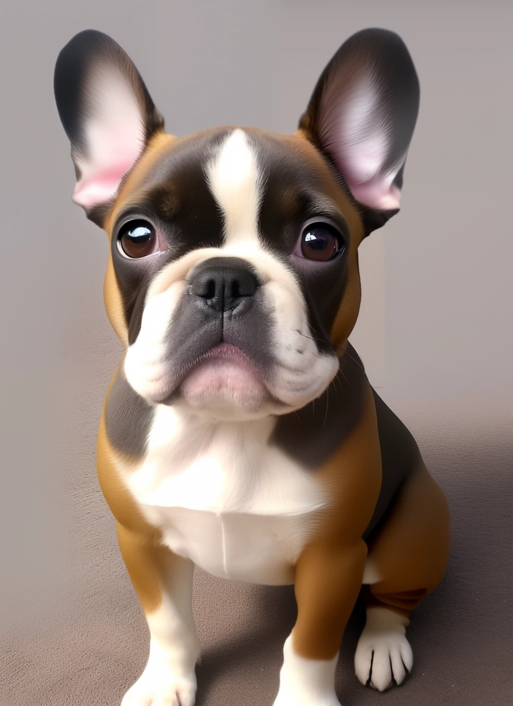 I would like a Disney Pixar inspired movie poster staring a medium sized French Bulldog named Kash.1 would like him to look masculine and baby like as well, with a under bite and two of his bottom fangs out, 2 boston terrier colors but is also tan on the sides of his cheeks and has a tan back left foot, to have big dark brown eyes, and tan dogs for eyebrows. I would like the setting to be him on the beach with a soccer ball in front of him.