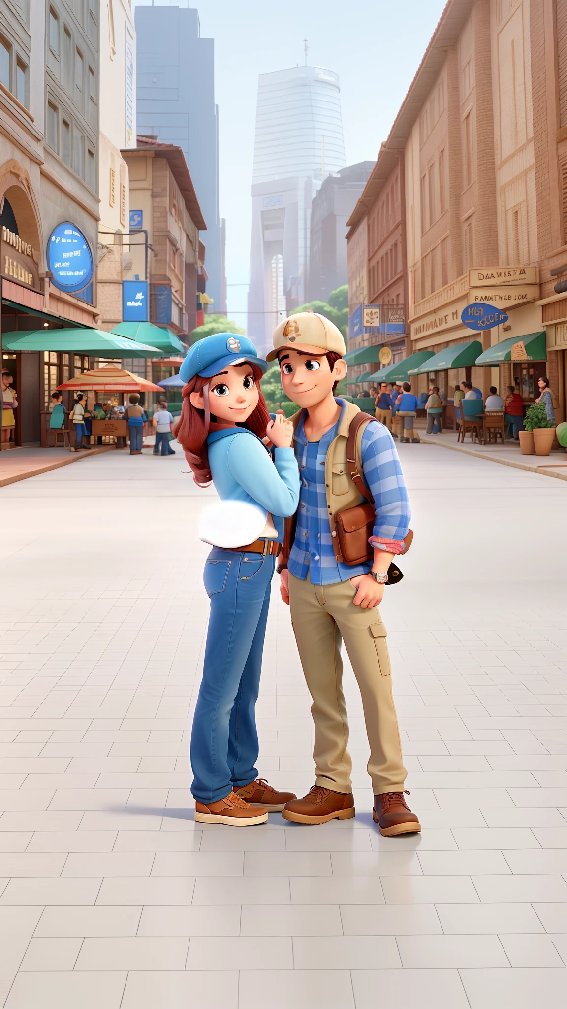 A man and a woman with cap, no estilo Disney pixar melhor qualidade, maior qualidade.