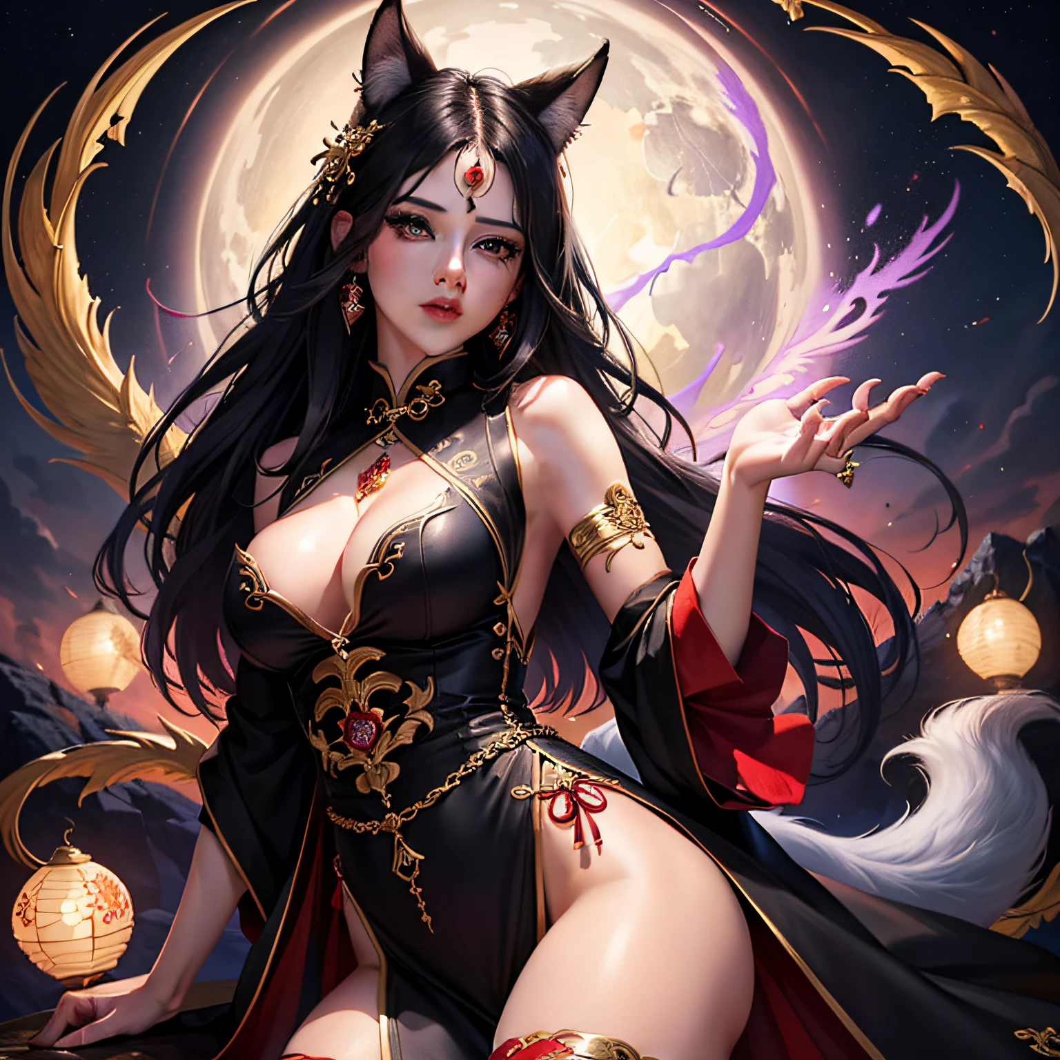 （tmasterpiece），illustratio，beautifuldetails，Colorful，finely detailled，dramatic lights，Complicated details，Nine-tailed demon fox，Sudaji｛perfect bodies｝，｛medium boob｝｛Black cheongsam｝，｛full bodyesbian｝，cleavage