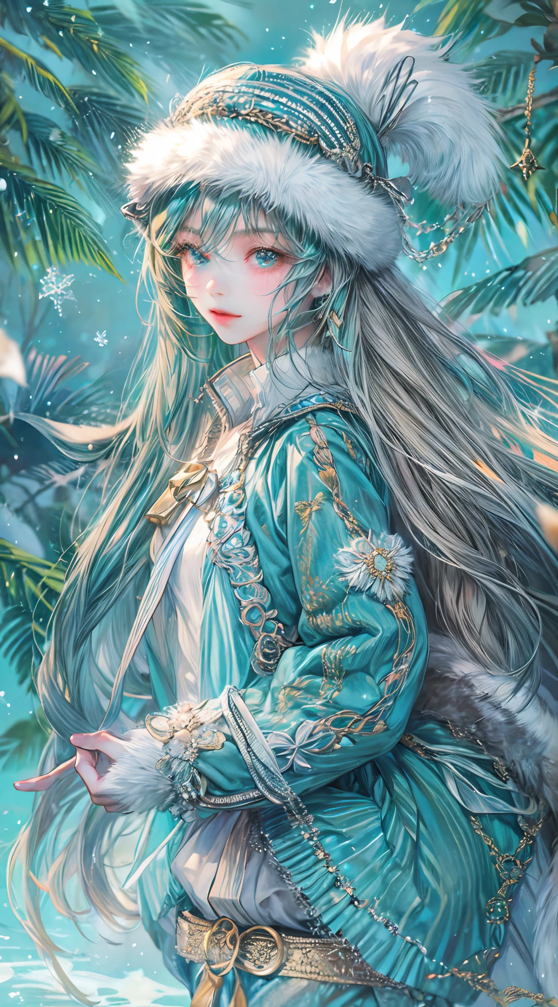 Absurdres masterpiece HDR high quality picture of Hatsune Miku, very girl 14 years ailed face, simple hair design , beautiful face, simple pose hands hiding in her long hair and clothes, very long hair, ((random hair style:1 )) , anime eyes, light skin ,
Winter clothes outfit , detailed hair ornaments , winter muffs and fur hat, beautiful background, masterpiece scenery