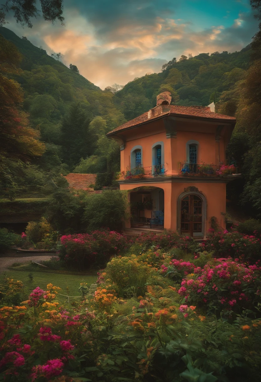 A close up of a house with a garden and flowers - SeaArt AI