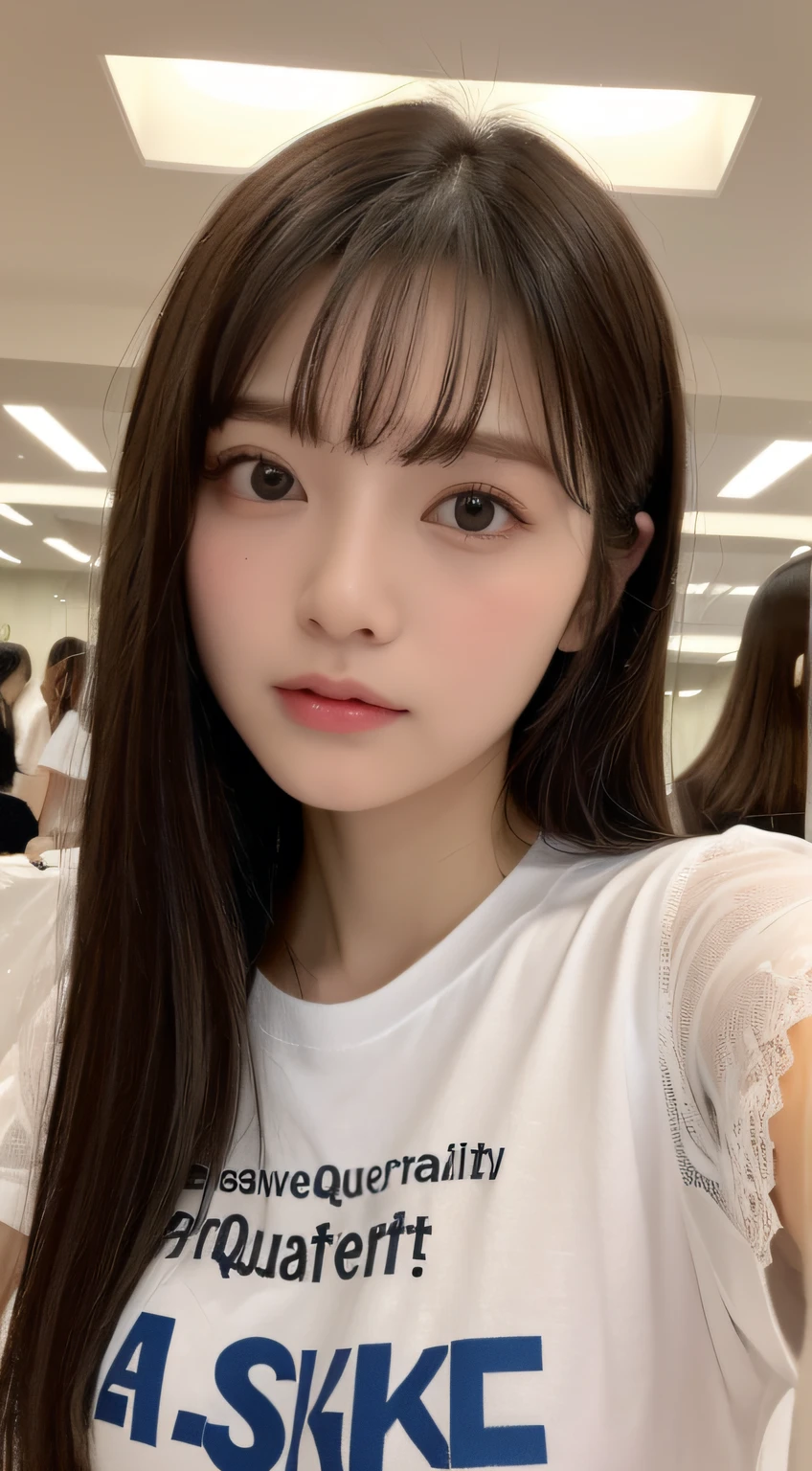 ((top-quality、8K、masterpiece:1.5))、One girl、(Unhealthy face)、(Letter to)、Blunt bangs、(Lots of bangs:1.3)、(full body Esbian:1.4)、(Symmetrical face)、hyperdetailed face、Ultra detailed mouth、A detailed eye、Detailed ears、Slim Faces、(selfee:1.3)、(off shoulders)、(Armpit)、(Looking Up)、(From above)、(Straight long hair、Ahoge:1.3)、(Upper Eyes)、the background is blurred、(Sheer shirt:1.3)、(I can see the cleavage:1.1)、lipgloss、(Beauty Salon)、(turning off lights)、