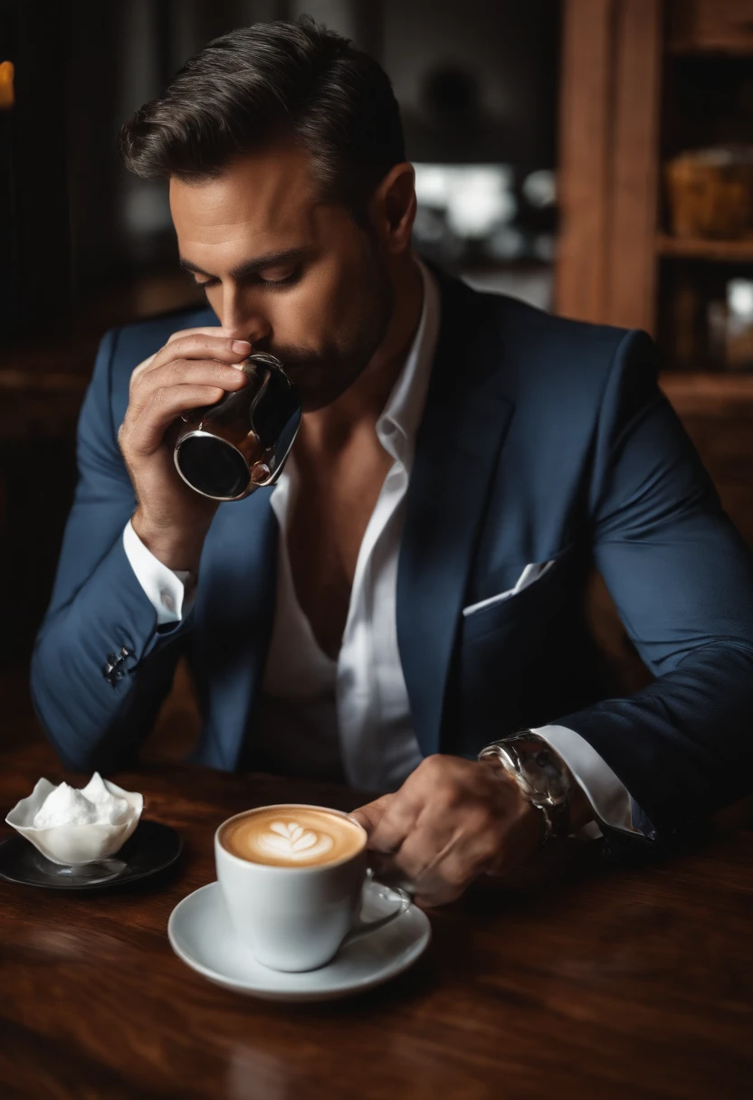 1 homem, um homem musculoso de 30 anos vestindo camisa branca de manga comprida e gravata, drinking coffee, iluminaçã9