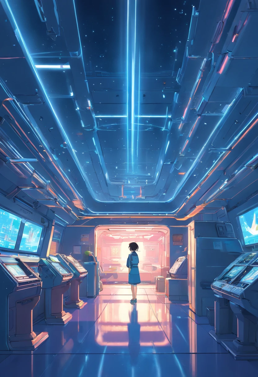 Interior nave espacial, bluish lighting, neon, futurista