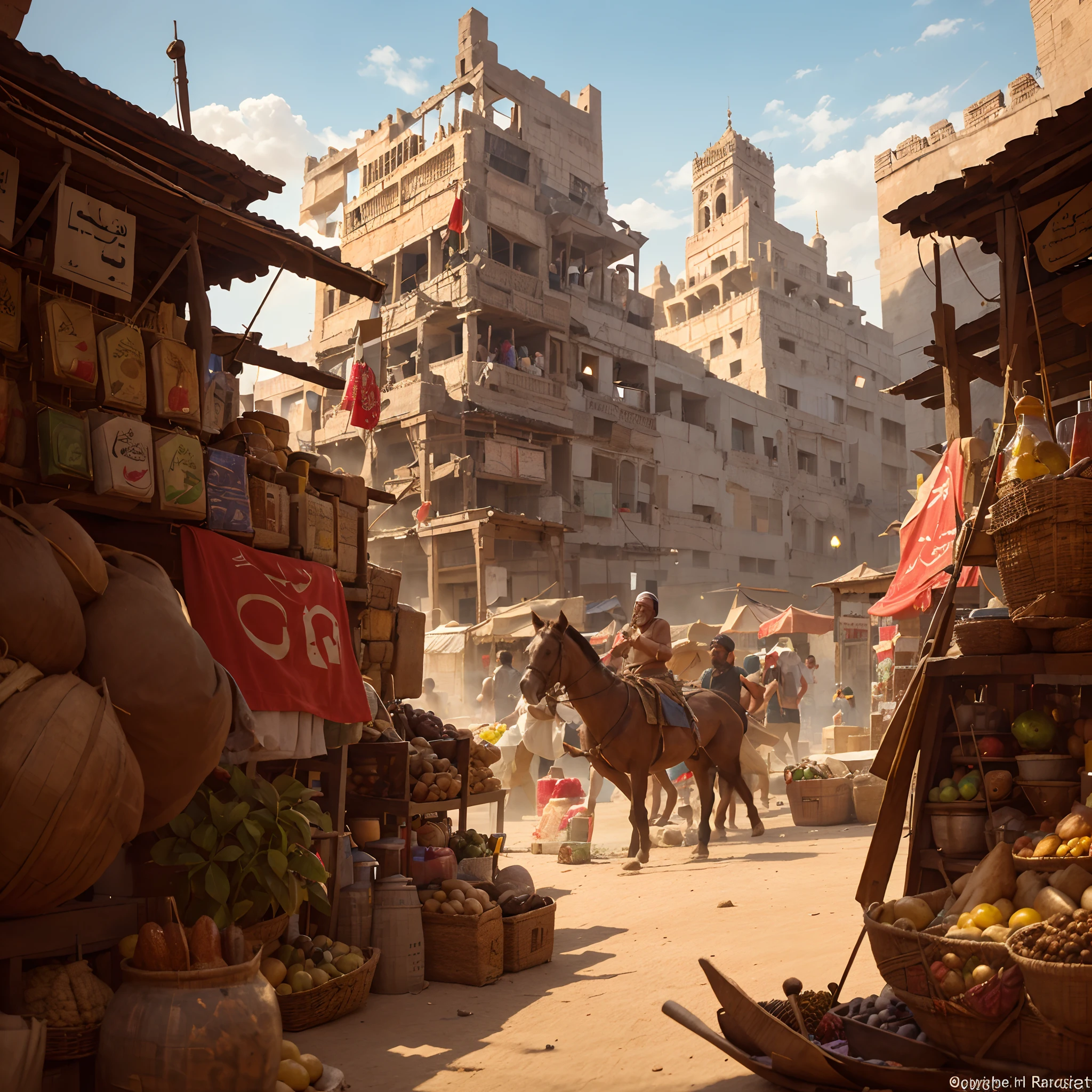 "Generate a realistic AI image of a bustling market in ancient Baghdad during a scorching hot summer day in the year 150-160 BC. The scene should depict a vibrant, crowded market filled with merchants, shoppers, and various goods. Ensure historical accuracy in clothing, architecture, and the overall atmosphere of the era.