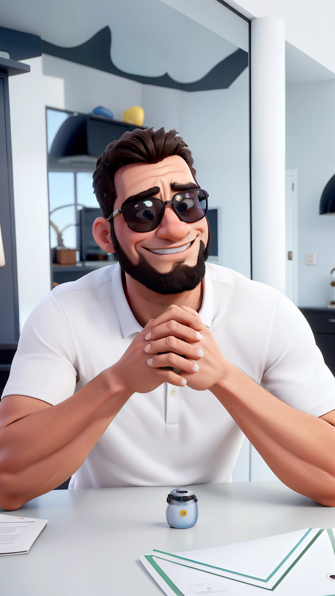 Homem a olhar para o horizonte, with a serious air, with sunglasses lenses, sem sorriso