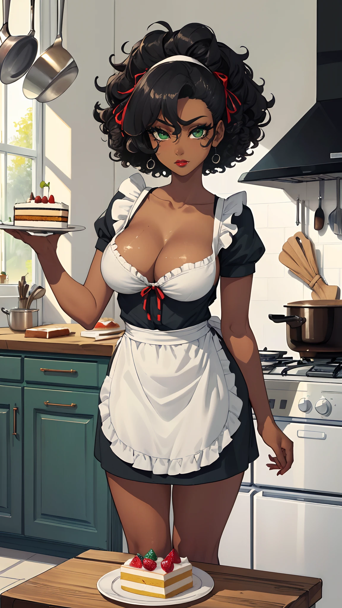 (((Masterpiece, hiquality, absurdress), 1Woman, black hair, curly hair, Afro-curly hair, Green eyes, a perfect face, the perfect body, big breastes, sports body, short stature, (((very dark skin))), 独奏, Detailed eyes and face, makeup, red-lips, apron, Cook costume, Bake the Cake, Cake Making, kitchen, a table, slab,