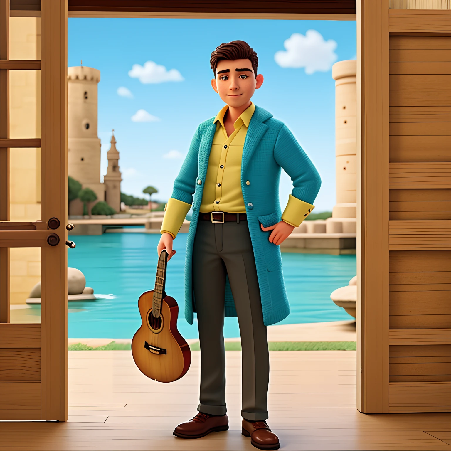 Bonito pequeno investidor masculino de 38 anos moreno , olhos altamente detalhados, front-faceing, ajuste, Sounds like a musician, Playing a full-length view electric bass, Highly detailed hands, figuras de brinquedo, melhor qualidade, desenhos animados 3d, whole body view, fantasia, sonho, surrealismo, super bonito, trending in the artstation