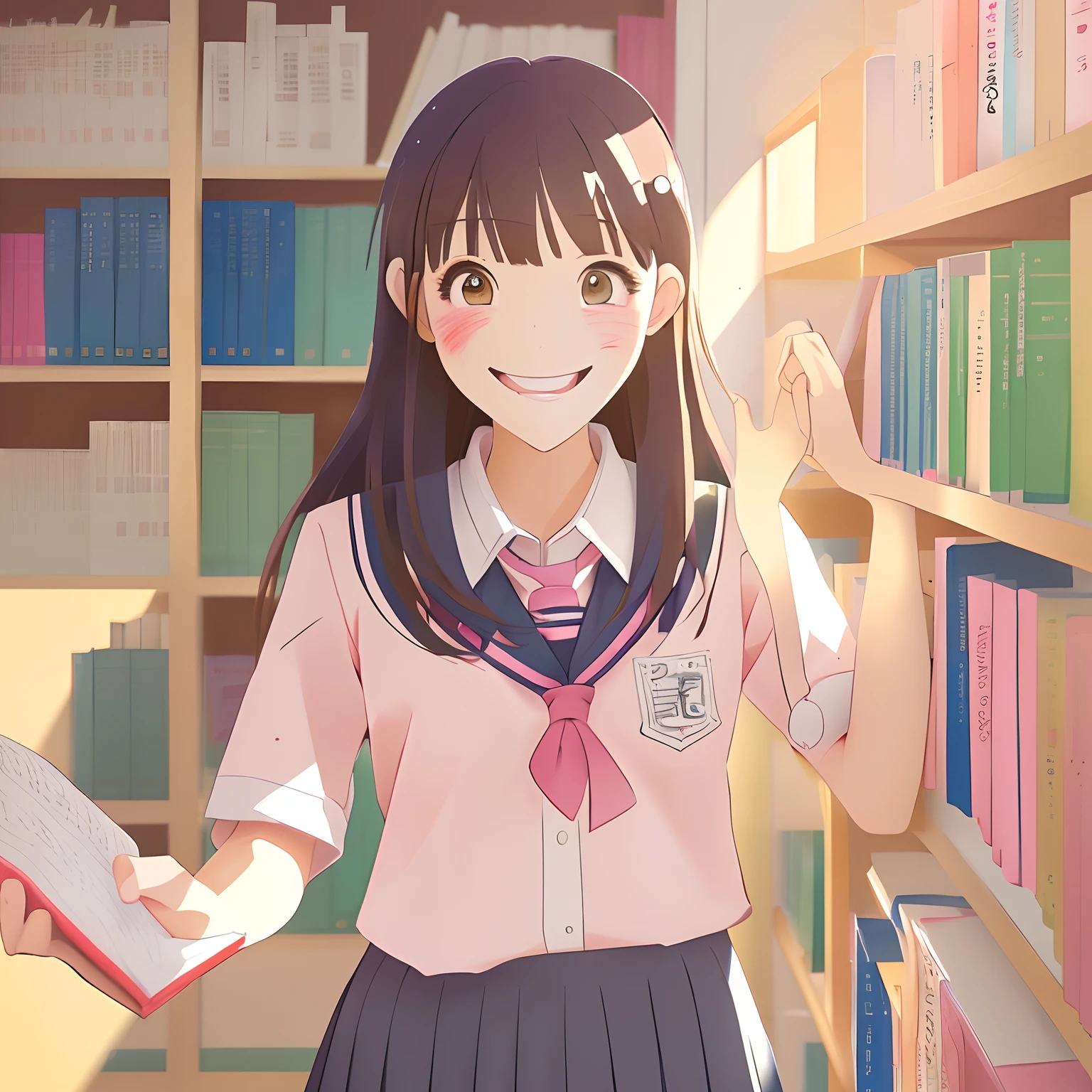 (a girl,student,anime,cute uniform,library book,happy expression),(traditional 2D animation),pencil-sketch-like texture,soft brushstrokes,clear lines,high-res details,(vibrant colors,touches of pink),(natural daylight,soft and warm lighting,shadows adding depth)