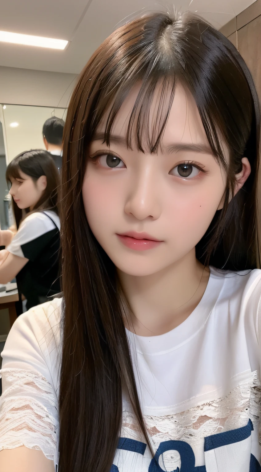 ((top-quality、8K、​masterpiece:1.5))、One girl、(Unhealthy face)、(Letter to)、Blunt bangs、(Lots of bangs:1.3)、(full body Esbian:1.4)、(Symmetrical face)、hyperdetailed face、Ultra detailed mouth、A detailed eye、Detailed ears、Slim Faces、(selfee:1.3)、(off shoulders)、(Armpit)、(Looking Up)、(From  above)、(Straight long hair、Ahoge:1.3)、(Upper Eyes)、the background is blurred、(Detailed white loose t-shirt:1.2)、denim pant、a necklace、(Detailed lace bra:1.05)、(Slouched:1.8)、lipgloss、(Beauty Salon)、(turning off lights)、