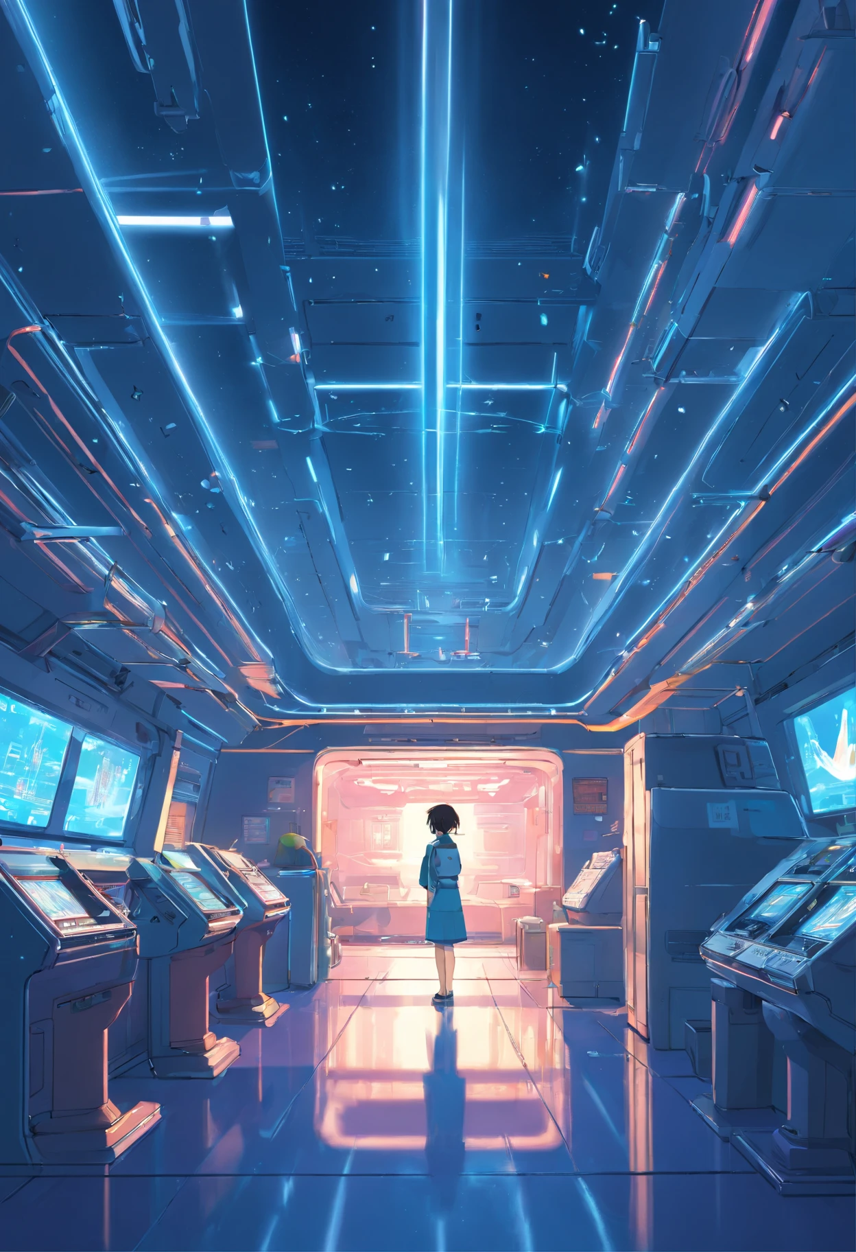 Interior nave espacial, bluish lighting, neon, futurista
