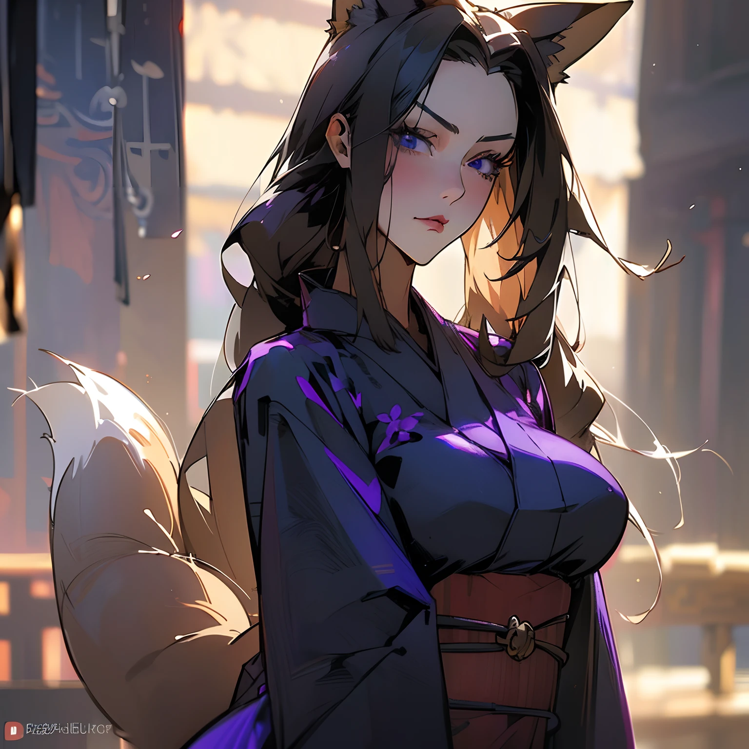((masterpiece)),((high resolution)),((best quality)), extremely fine and beautiful, super fine illustration, realistic skin, (insanely detailed anime eyes, eyes focus, face closeup),vivid and beautiful, shocking sensation, incredibly detailed,(insanely detailed anime eyes, eyes focus, face closeup), one woman, milf, sexy woman, mature woman, beautiful detailed girl, supple breasts, front view, facing at viewer, black hair, (Respectful:1.2), covered, hair covering breasts, ((black hair)), (very long hair), ((fox ears)), blue eyes, profile, (sophisticated black and purple kimono:1.4), (Obi:1.0), (((dark voluminous fox tail))), (large breasts:1.4), (plump thighs), (muscular:1.6), (wide hips), shallow frown, movie lighting, perfect shadow, realistic lighting shaded, Chinese style, light bow, (((voluminous fox tail))), drawing from front, medieval fantasy, medieval fantasy city scene, sparse crowd