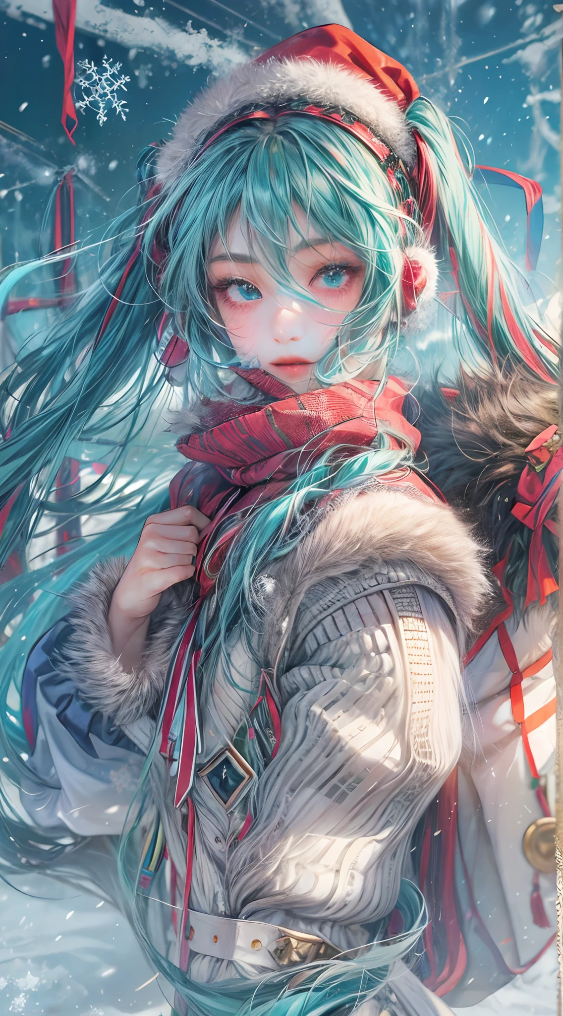 Absurdres masterpiece HDR high quality picture of Hatsune Miku, very girl 14 years ailed face, simple hair design , beautiful face, simple pose hands hiding in her long hair and clothes, very long hair, ((random hair style:1 )) , anime eyes, light skin ,
Santa Claus outfit , detailed hair ornaments , winter muffs and fur hat, beautiful background, masterpiece scenery