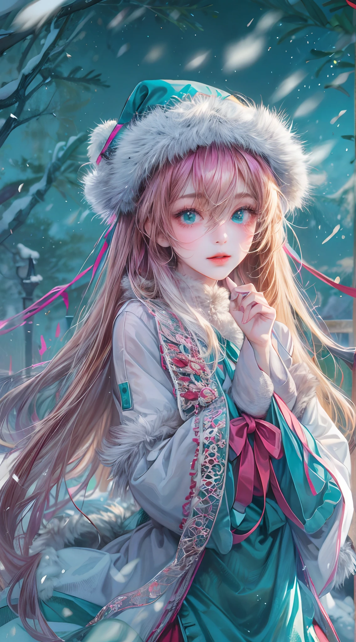 Absurdres masterpiece HDR high quality picture of Hatsune Miku, very young age girl 14 years old with detailed face, simple hair design , beautiful face, simple pose hands hiding in her long hair and clothes, very long hair, ((random hair style:1 )) , anime eyes, light skin , 

Santa Claus outfit , detailed hair ornaments  , winter muffs and fur hat, beautiful background, masterpiece scenery