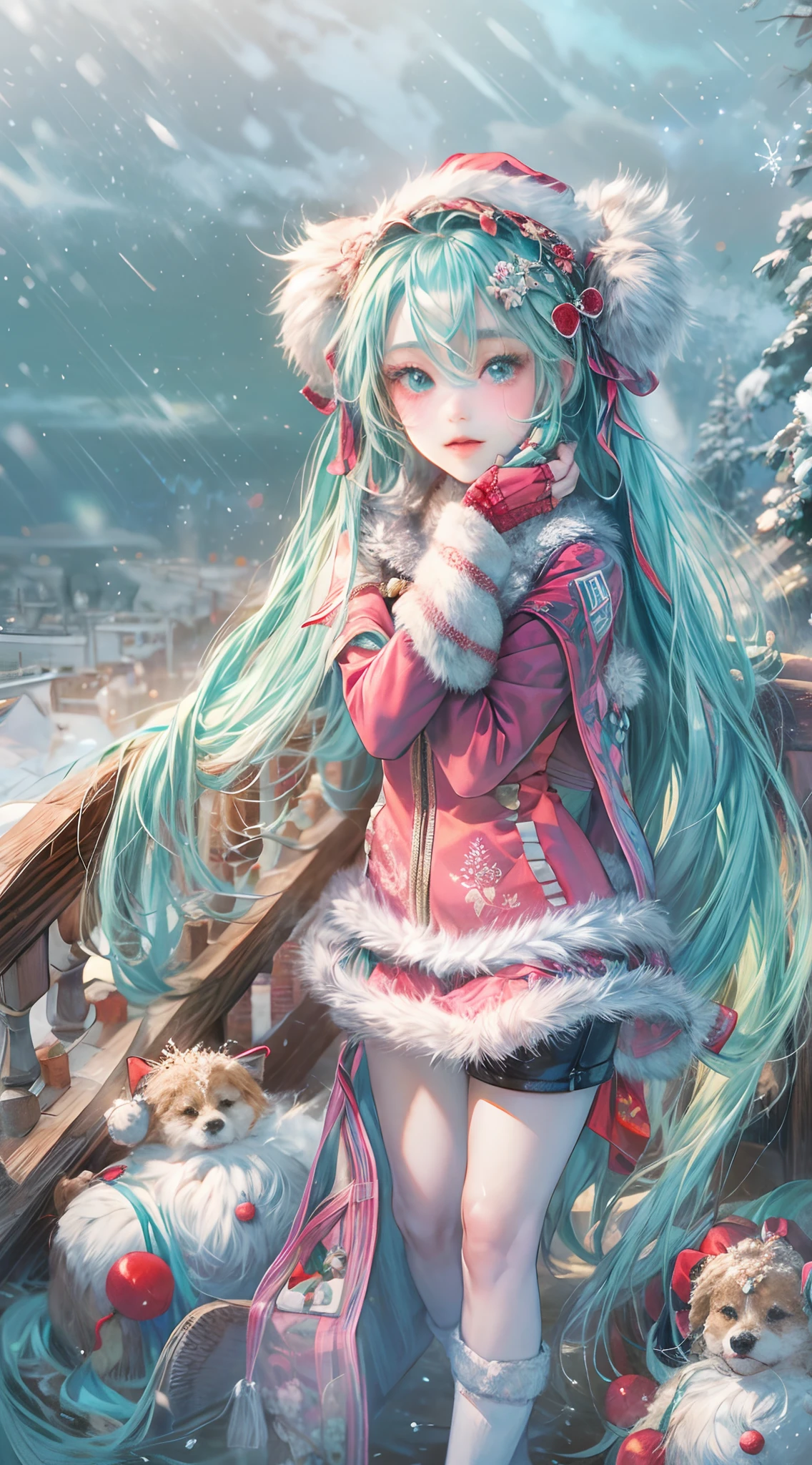 Absurdres masterpiece HDR high quality picture of Hatsune Miku, very girl 14 years ailed face, simple hair design , beautiful face, simple pose hands hiding in her long hair and clothes, very long hair, ((random hair style:1 )) , anime eyes, light skin ,
Santa Claus outfit , detailed hair ornaments , winter muffs and fur hat, beautiful background, masterpiece scenery