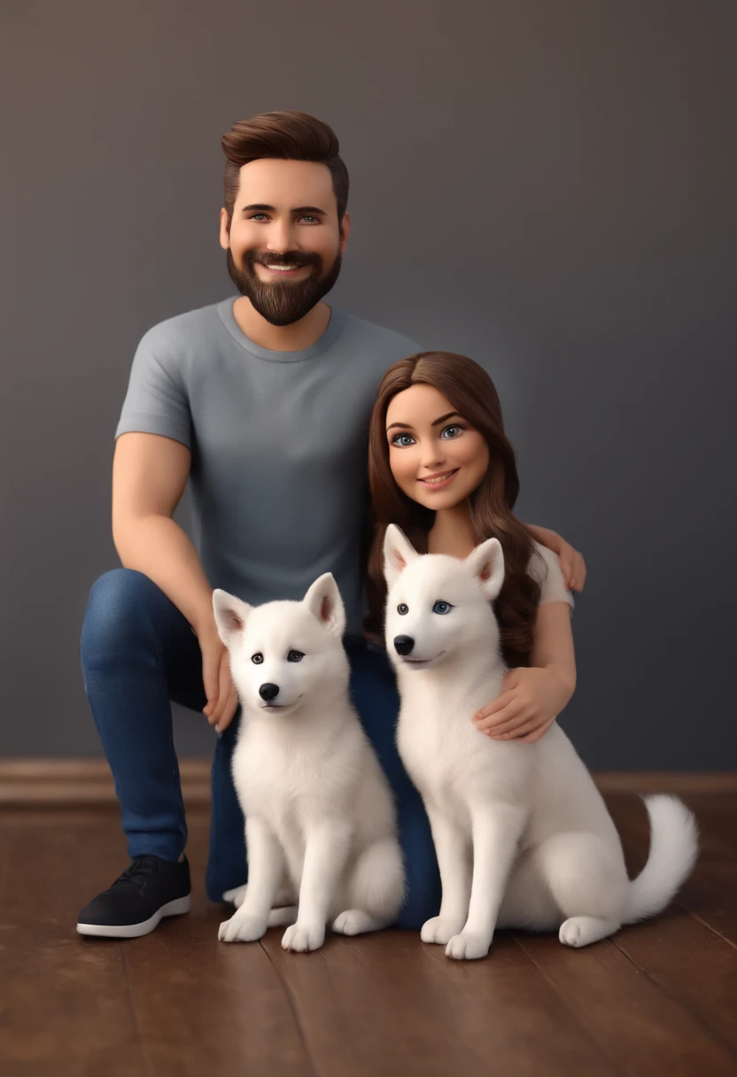 Pixar. Couple with a female white husky puppy. A menina tem os cabelos castanho com mecha branca solto, Camiseta cinza e jeans claro. O menino de cabelos pretos enrolados, barba pequena, oculos, Dark blue jeans and gray t-shirt. They are both smiling and are 26 years old