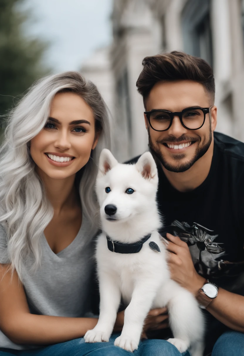 Pixar. Couple with a female white husky puppy. A tem os cabelos castanho com mecha branca solto, Camiseta cinza e jeans claro. O meninobelos pretos enrolados, barba pequena, oculos, Dark blue jeans and gray t-shirt. They are both smiling and are 26 years old
