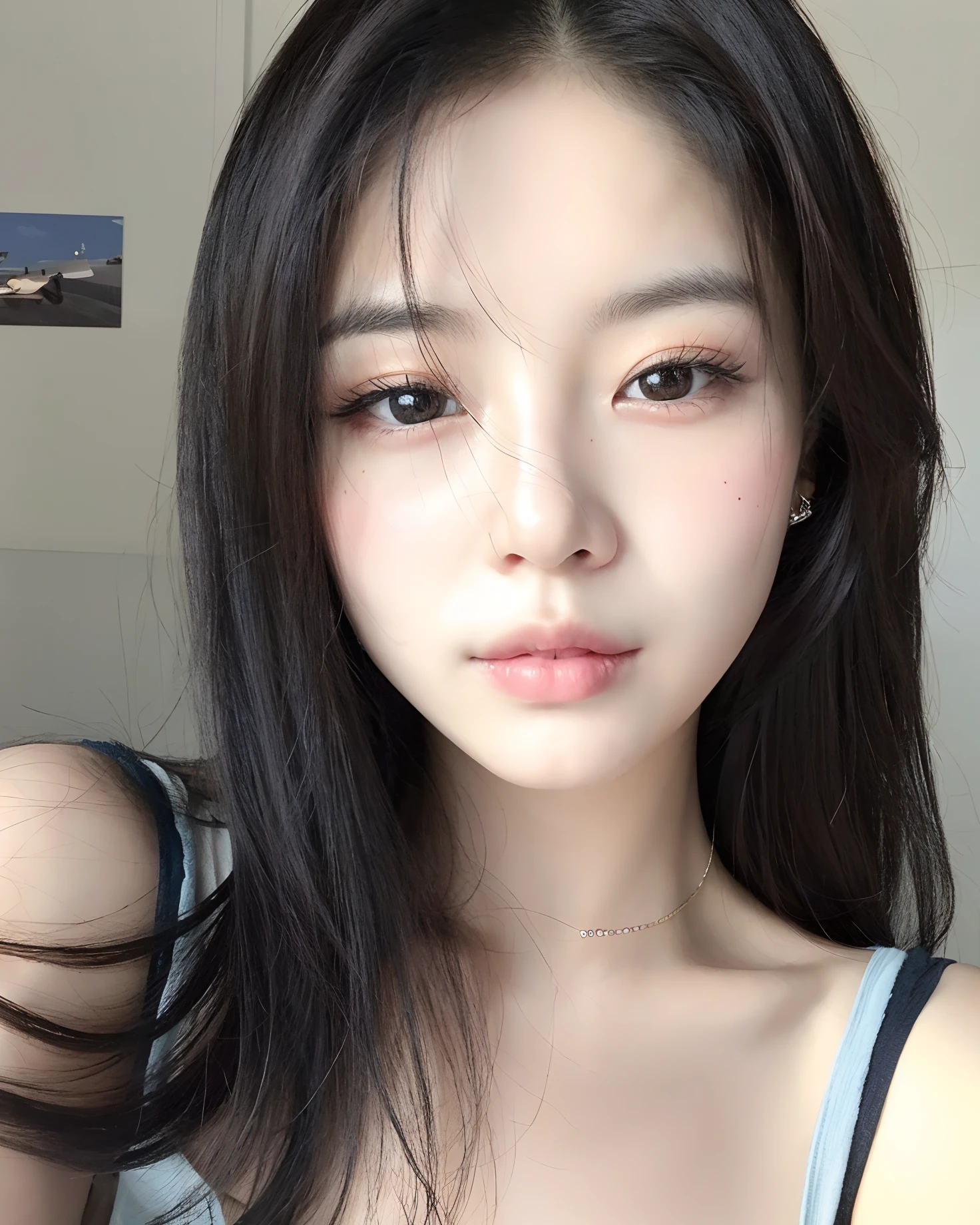 um close up de uma mulher com longos cabelos pretos e um top azul, young adorable korean face, menina coreana, Mulher sul-coreana bonita, wan adorable korean face, linda mulher coreana jovem, maquiagem sul-coreana popular, Ulzzang, korean face features, maquiagem coreana popular, mulher coreana jovem bonita, korean symmetrical face, beautiful aesthetic face, rosto sexy com maquiagem completa