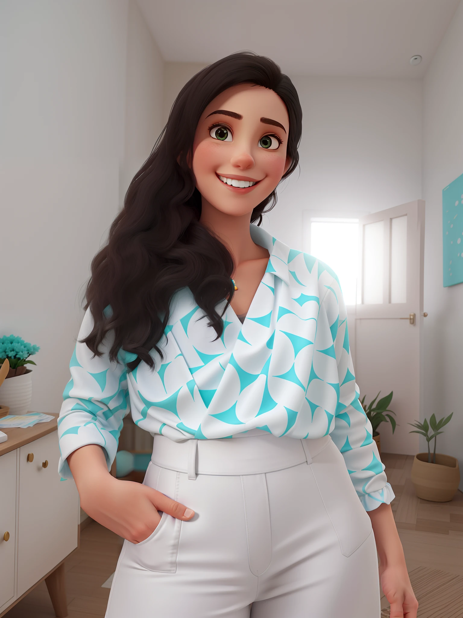 There's a woman standing in a room with a smile, Directed by: Nandor Soldier, Malika Favre, usando uma blusa, white and teal garment, Ayahausca, Adriana DXIM, Frente cheia, Turqouise, Magali, by Amelia Peláez, mar - roupas verdes e brancas, usando um top de grife