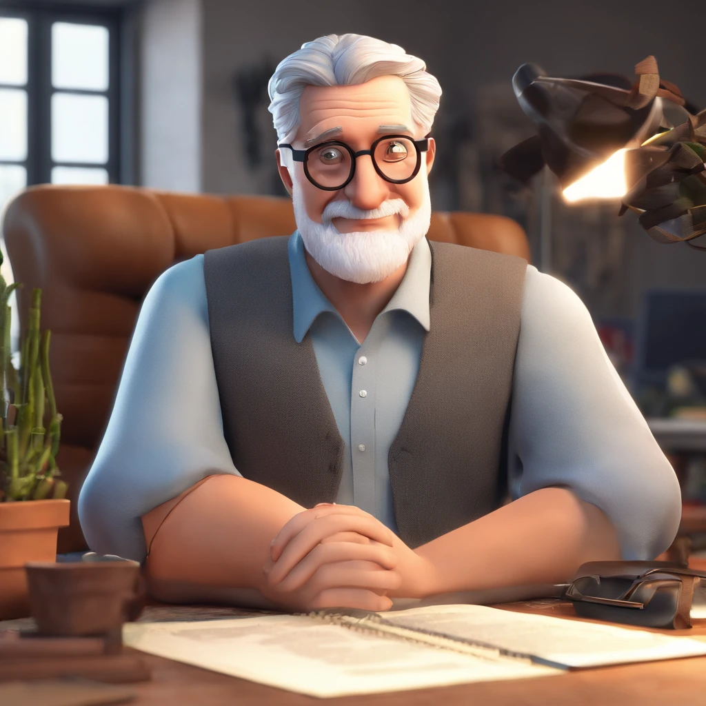 Crie um cartaz inspirado na Disney Pixar com o personagem sendo o pastor Rubens Janier, A gray-haired man wearing glasses, in an office with a Bible on the table