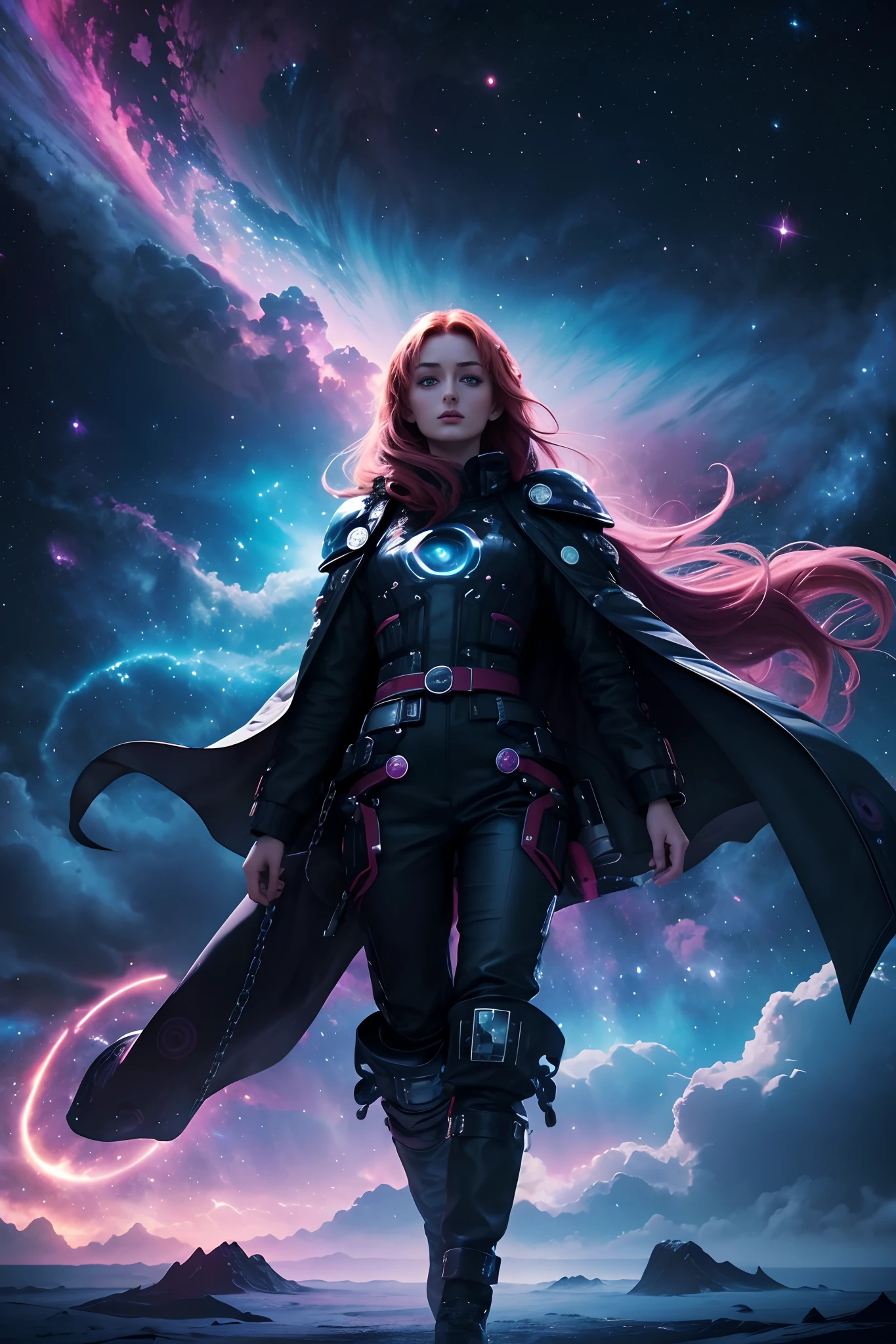 (Solo) Incredible and spectacular cloud figure Sophie Turner emergency scene in cosmic clouds, Chain of fractal nebulae, cosmic, Celestial, cosmic, A vibrant and vivid entity, whirly, Spinning, unreal, High contrast, Symbolism, magical, mistic, mistic, Hyper-realistic, Supersaturation, Colorful, 8K