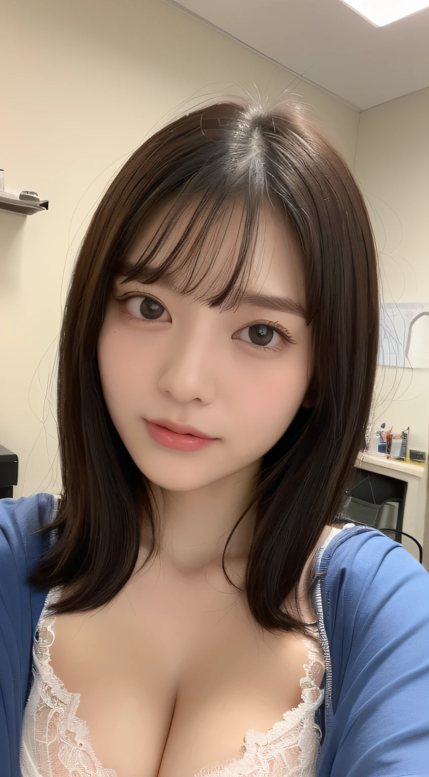 ((top-quality、8K、masterpiece:1.5))、One girl、(Unhealthy face)、(Letter to)、Blunt bangs、(Lots of bangs:1.3)、(full body Esbian:1.4)、(Symmetrical face)、hyperdetailed face、Ultra detailed mouth、A detailed eye、Detailed ears、Slim Faces、(selfee:1.3)、(off shoulders)、(Armpit)、(Looking Up)、(From above)、(Straight long hair、Ahoge:1.3)、(Upper Eyes)、the background is blurred、(tshirts、Lace fabric underwear:1.3)、(I can see the cleavage:1.4)、lipgloss、(Beauty Salon)、(turning off lights)、