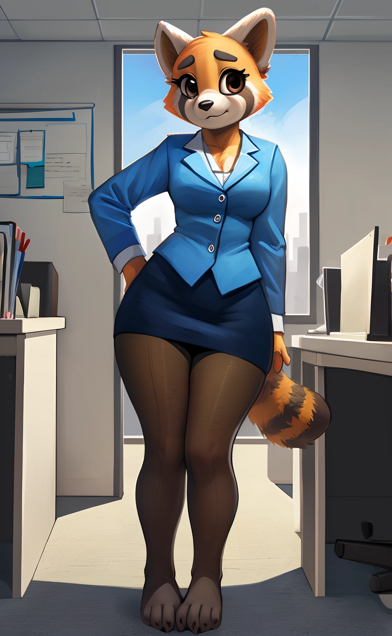 [retsuko], [aggretsuko], [Uploaded to e621.net; (Pixelsketcher), (wamudraws)], ((masterpiece)), ((HD)), ((solo portrait)), ((front view)), ((feet visible)), ((furry; anthro)), ((detailed fur)), ((detailed shading)), ((beautiful render art)), ((intricate details)), {anthro; orange fur, black nose, small brown eyebrows, cute brown eyes, (short eyelashes), raccoon tail, (gorgeous hips), (beautiful legs), (beautiful feet)}, {(office woman), (blue blazer sweater), (short blue pencil skirt), (opaque pantyhose), (upskirt panties)}, {(standing), (looking at viewer)}, [background; (cubicles), (white walls), (window), (blue sky), (sun rays)]