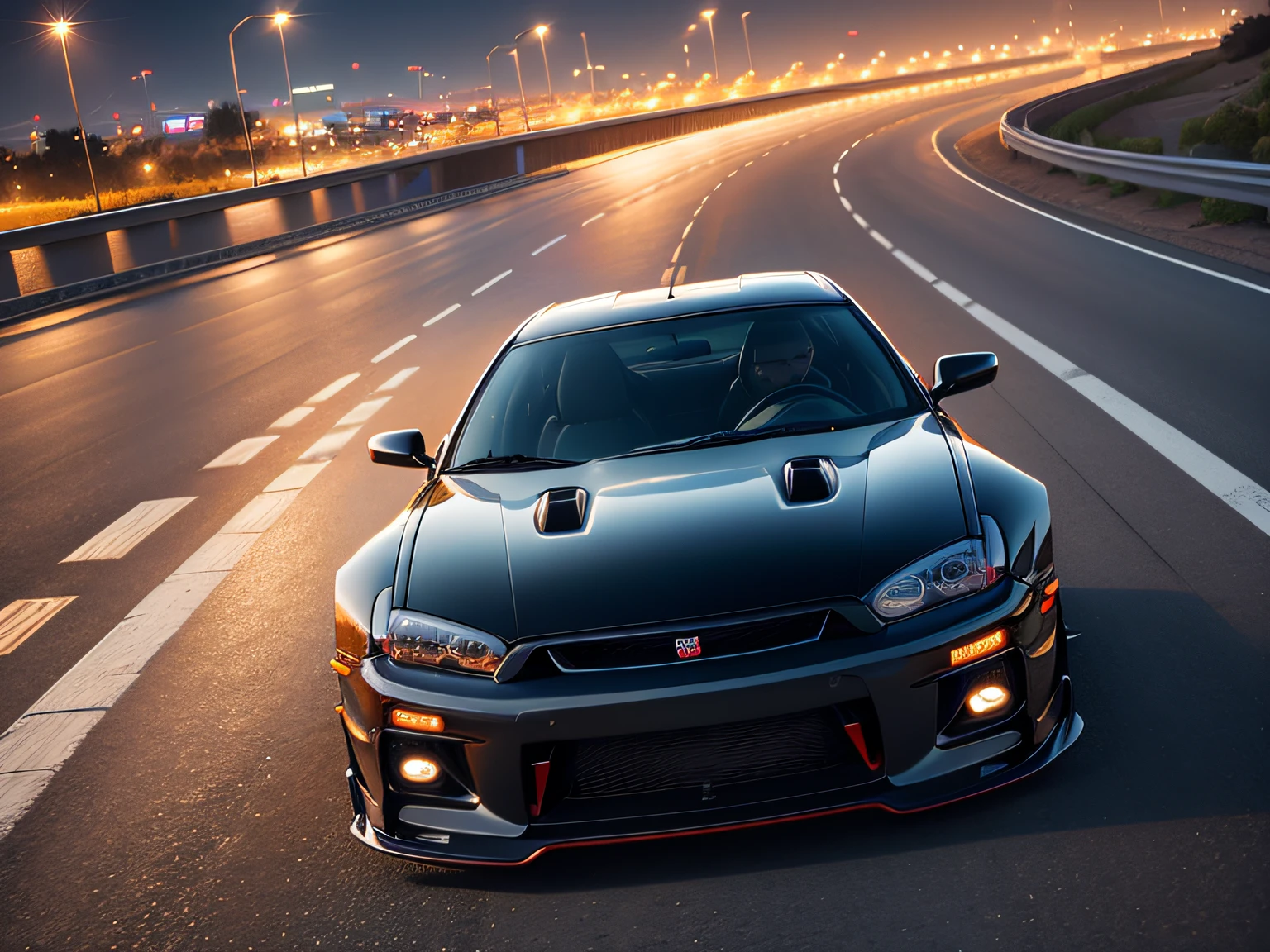 超A high resolution、An ultra-high picture quality、8K、Detailed details、marvelous expression、Big city at night、 NISSAN.R32.GT-R(Metallic White)Driving on the highway、Turn on the headlights、Ride beautifully through the highway at night、