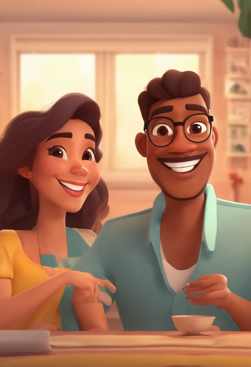 An illustration of an adorable couple, Highlight for a chubby mulatto man with glasses smiling and a brunette woman with beautiful expressive eyes - the man's skin is mulatto and the man's hair haswhile the woman's skin is black and the woman's hair is straight and brown. They are a bright room, cada um com um sorriso no rosto, e compartilhar um momento especial caracterizado pelo amor, Insights. Illustrate this scene from a perspective where they are facing the camera, Smiling and Showing Your Connection. Desenvolva esta arte em Full HD, Focus on your cinematic touch, Estilo Disney Pixar Animations