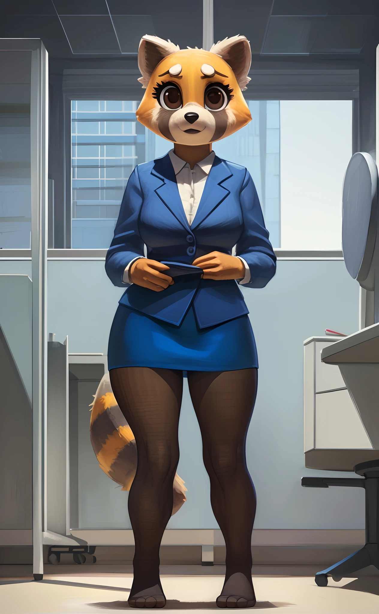 [retsuko], [aggretsuko], [Uploaded to e621.net; (Pixelsketcher), (wamudraws)], ((masterpiece)), ((HD)), ((solo portrait)), ((front view)), ((feet visible)), ((furry; anthro)), ((detailed fur)), ((detailed shading)), ((beautiful render art)), ((intricate details)), {anthro; orange fur, black nose, small brown eyebrows, cute brown eyes, (short eyelashes), raccoon tail, (gorgeous hips), (beautiful legs), (beautiful feet)}, {(office woman), (blue blazer sweater), (short blue pencil skirt), (opaque pantyhose), (upskirt panties)}, {(standing), (looking at viewer)}, [background; (cubicles), (white walls), (window), (blue sky), (sun rays)]