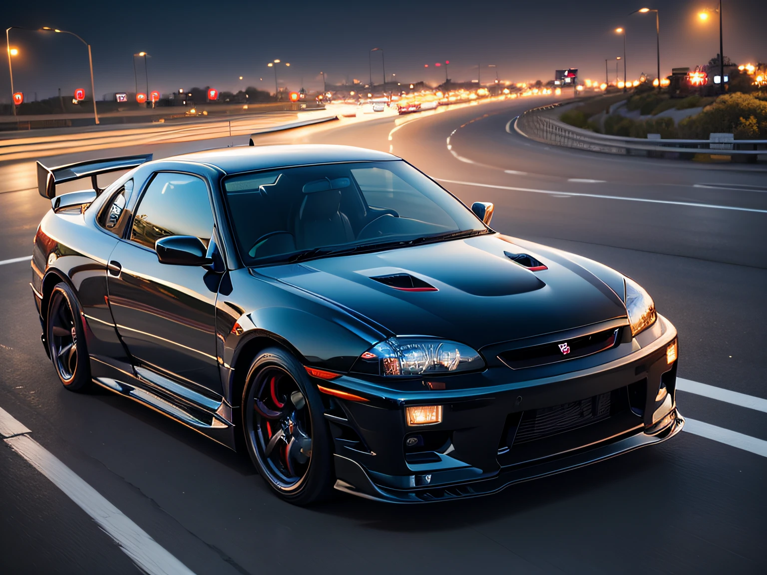 超A high resolution、An ultra-high picture quality、8K、Detailed details、marvelous expression、Big city at night、 NISSAN.R32.GT-R(Metallic White)Driving on the highway、Turn on the headlights、Ride beautifully through the highway at night、