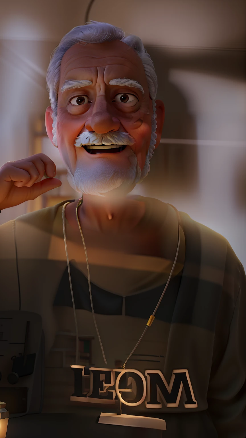 A wise old man standing in front, illuminated by the light of a lamp, against the backdrop of a library