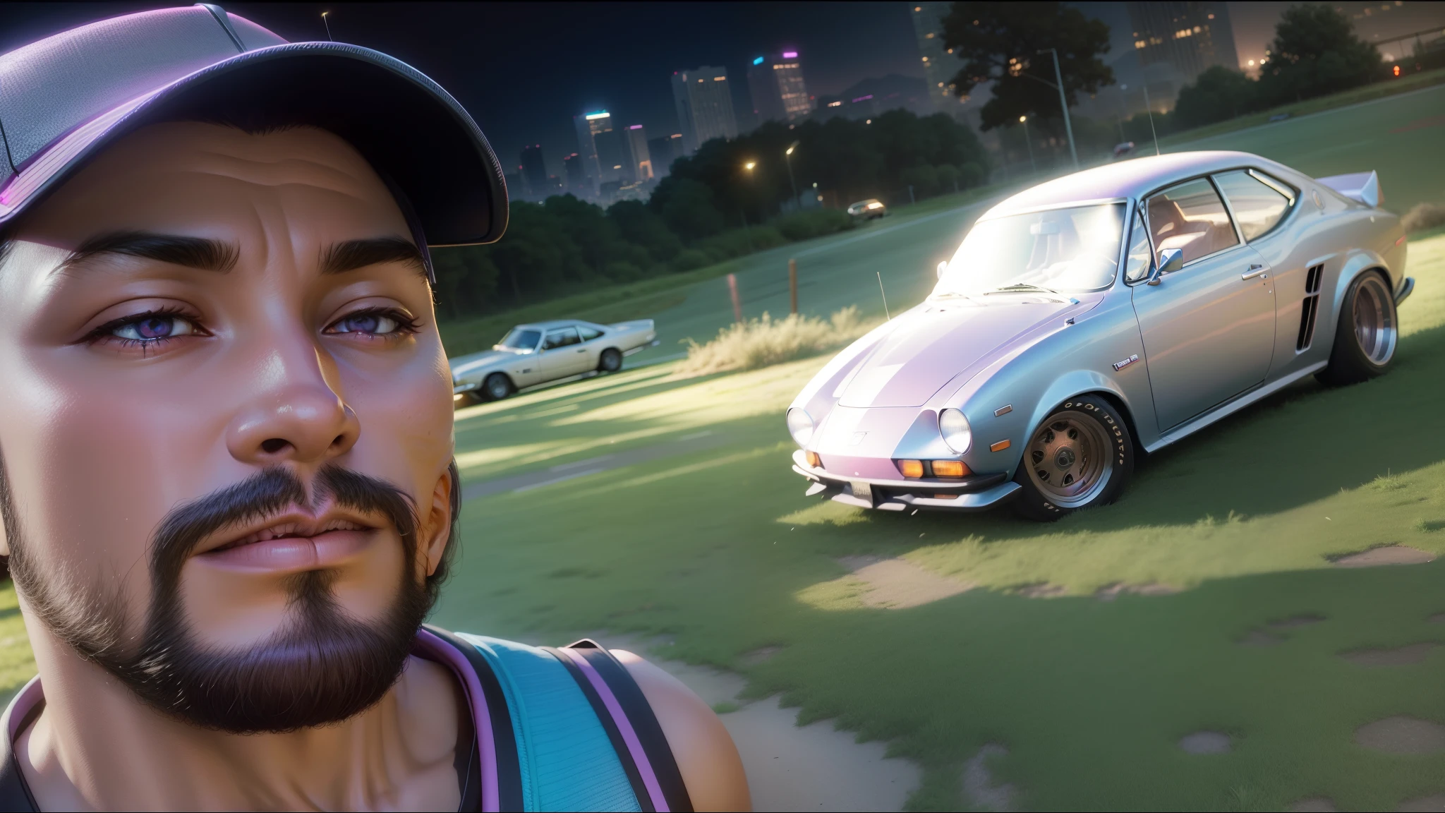 retrowave. City, 1969 Nissan S30, wide body kit, Road, PURPLE NEON MONITOR LIGHT, Sun, Mountain, (Masterpiece, Detailed, A high resolution),