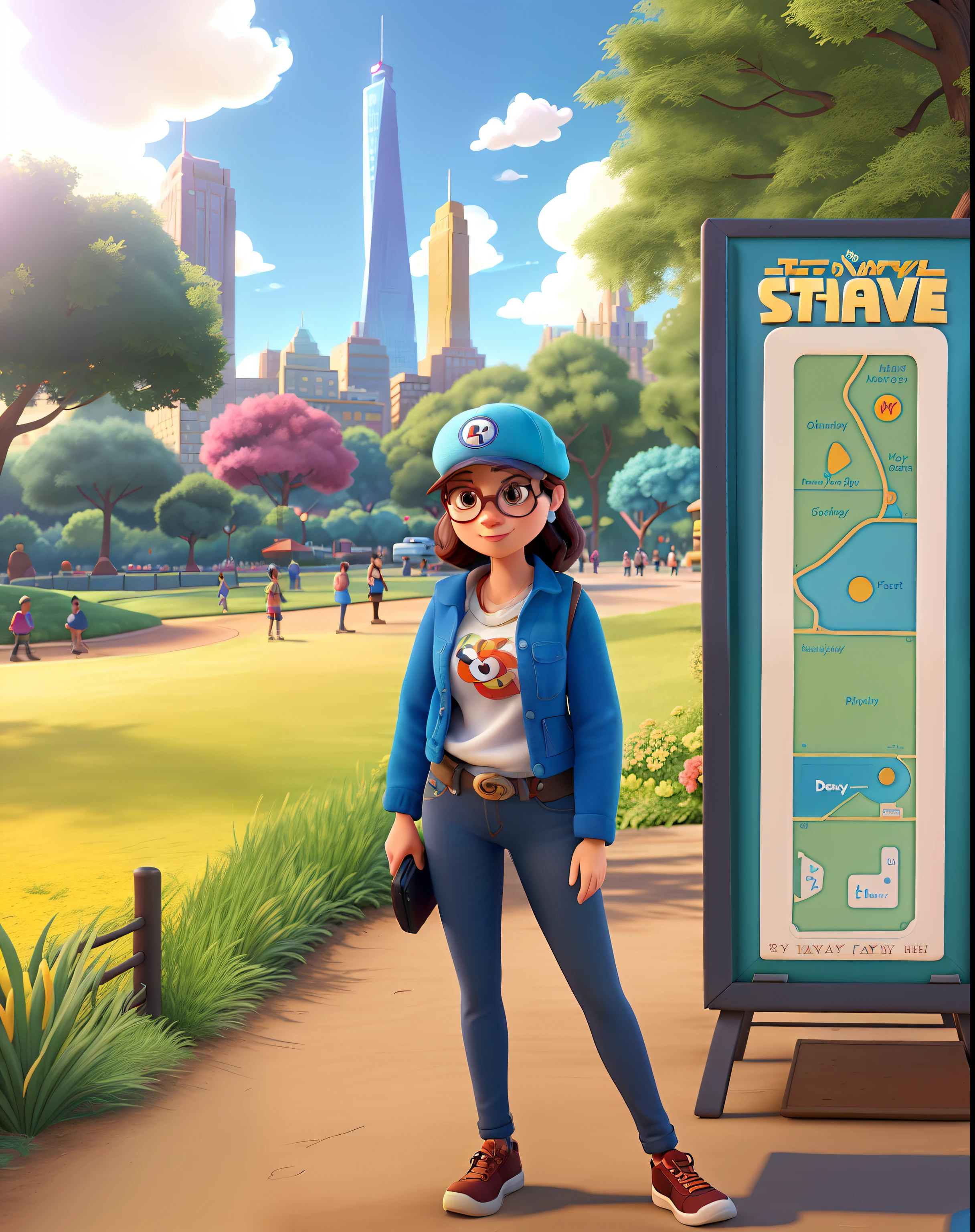 A movie poster inspired by Disney Pixar's digital art style. A woman in a cap and sunglasses posing for a photo in Central Park The background should be rich in vibrant colors, complemented by meticulous textures reminiscent of Pixar's renowned animations. The overall composition should capture the essence of an epic adventure, Drawing viewers into the world of the story.