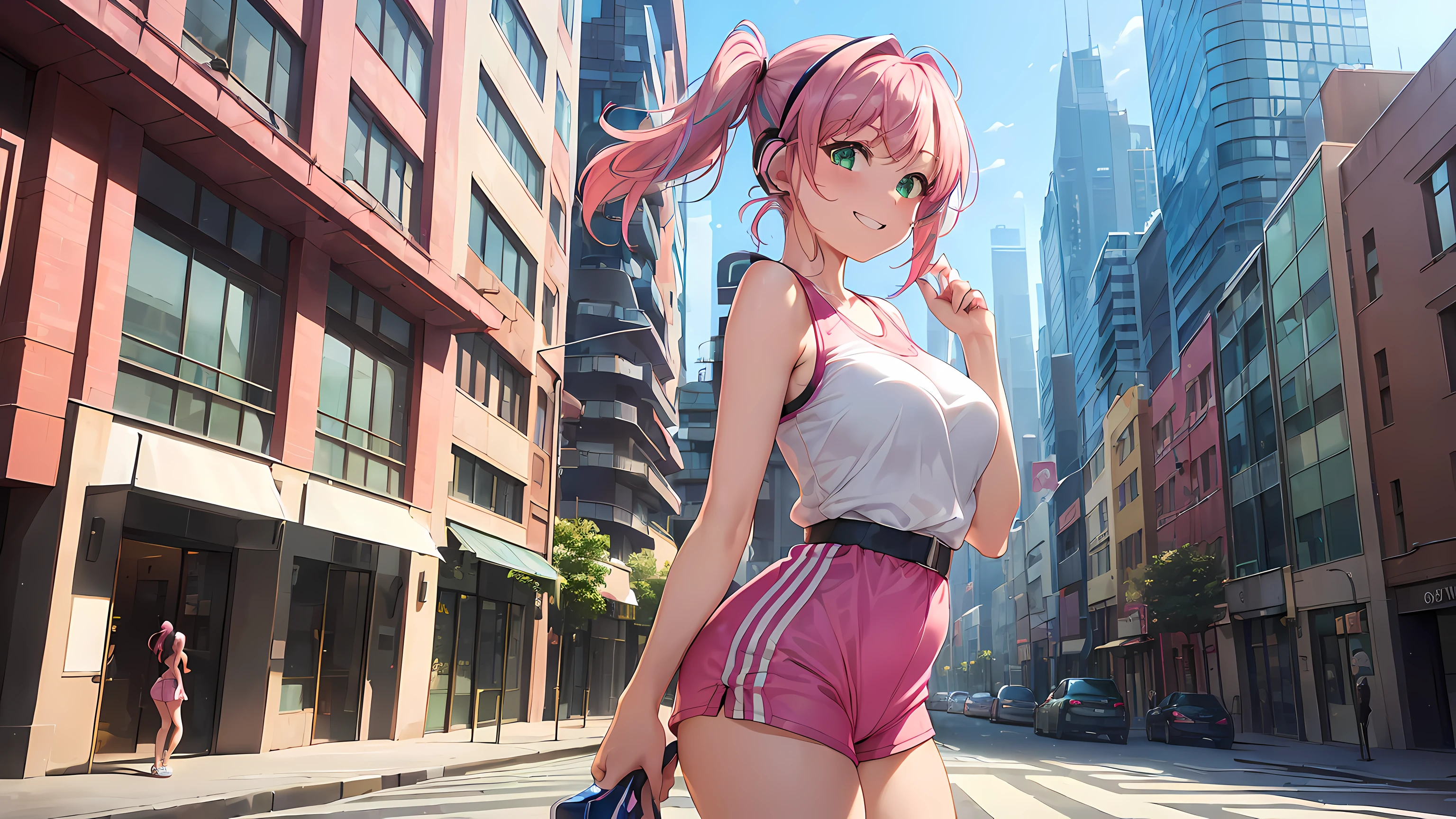 Anime girl in pink shorts and a white shirt walking down a street ...