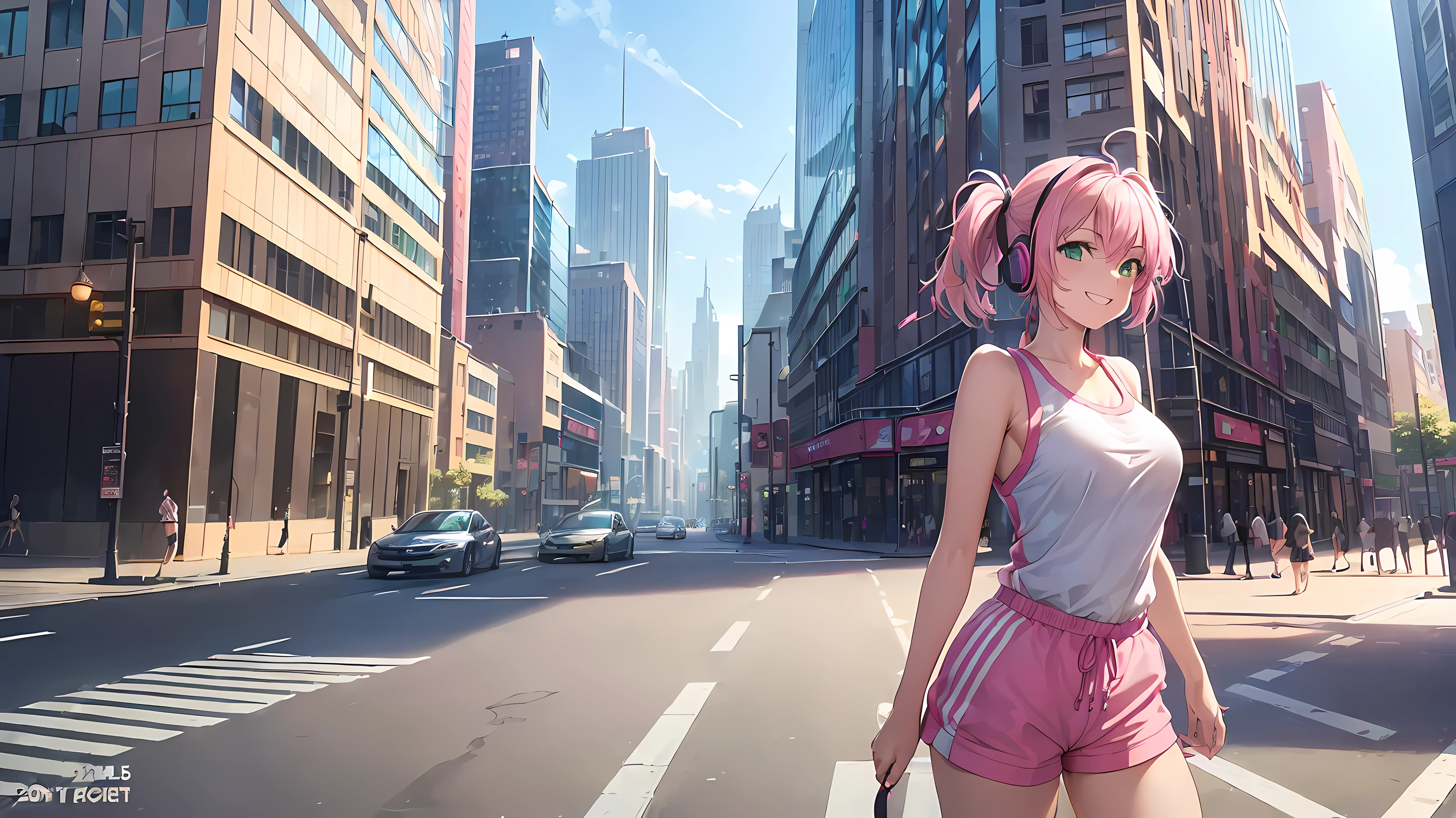 masterpiece, 1girl ((20year old, dressed in a tight 1 piece shorts romper, sneakers, medium breasts, multicolor pink hair, twin ponytails, perfect model body, detailed green eyes:1.5, flirting, happy, big smile, wearing headphones, walking down a busy city street:1.2, with tall buildings in the background:1.3, fun and exciting atmosphere:1.2)) ((solo:1.6))