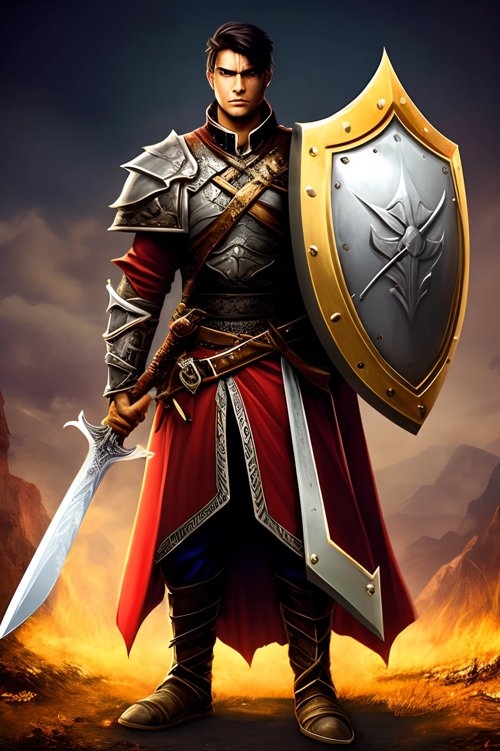 A male Paladin holding a great sword and a shield