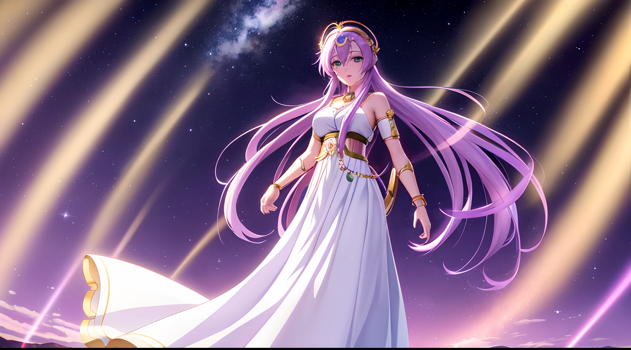 Athena with plain long light purple hair,hair between eyes,green eyes,rosy cheeks,full lips,thin eyebrows,slender body,wearing beads on neck and full long skirt,praying beads on neck,cute anime girl,full body,night sky nebulae in background,anime style,Lumen Reflections,Screen Space Reflections,Diffraction Grading,Chromatic Aberration,GB Displacement,Scan Lines,Ray Traced,Anti-Aliasing,FXAA,TXAA,RTX,SSAO,Shaders,OpenGL-Shaders, GLSL-Shaders,Post Processing,Post-Production,cell Shading,Tone Mapping,CGI,VFX,SFX,insanely detailed and intricate, 4K,standing, solo, masterpiece, best quality, detailed face, detailed eyes, highres, standing, solo,masterpiece, best quality