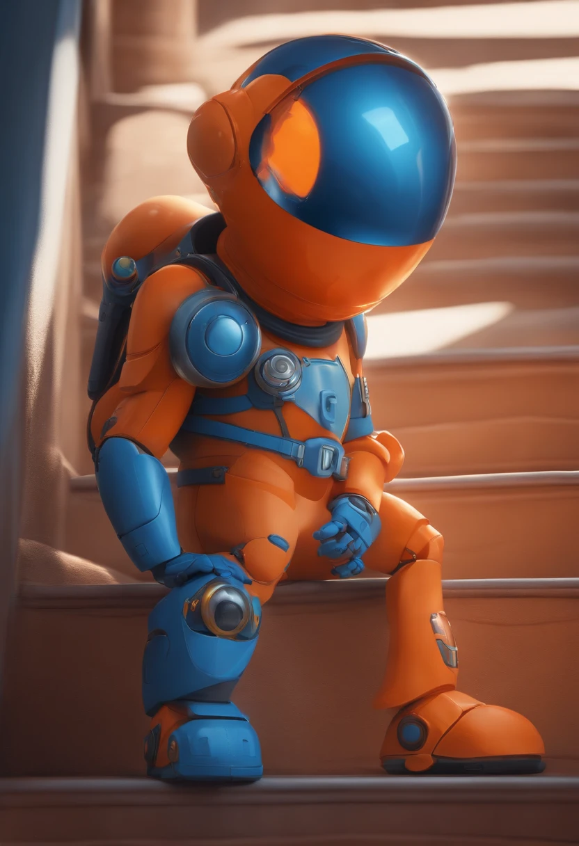 Personagem para um provedor de internet em desenho estilo Pixar da Disney mostrando corpo inteiro com uma escada nas costas capacete com cores Azul e Laranja