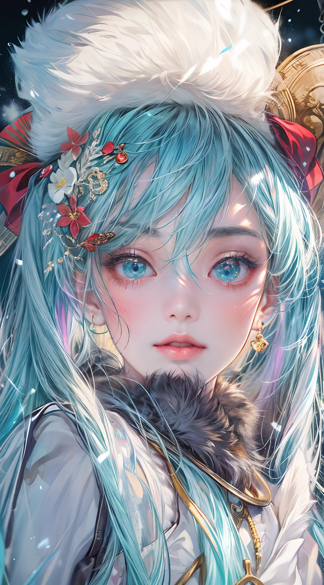 Absurdres masterpiece HDR high quality picture of Hatsune Miku, very young age girl 14 years old with detailed face, simple hair design , beautiful face, simple pose hands hiding in her long hair and clothes, very long hair, ((random hair style:1 )) , anime eyes, light skin ,
Winter clothes outfit , detailed hair ornaments , winter muffs and fur hat, beautiful background, masterpiece scenery