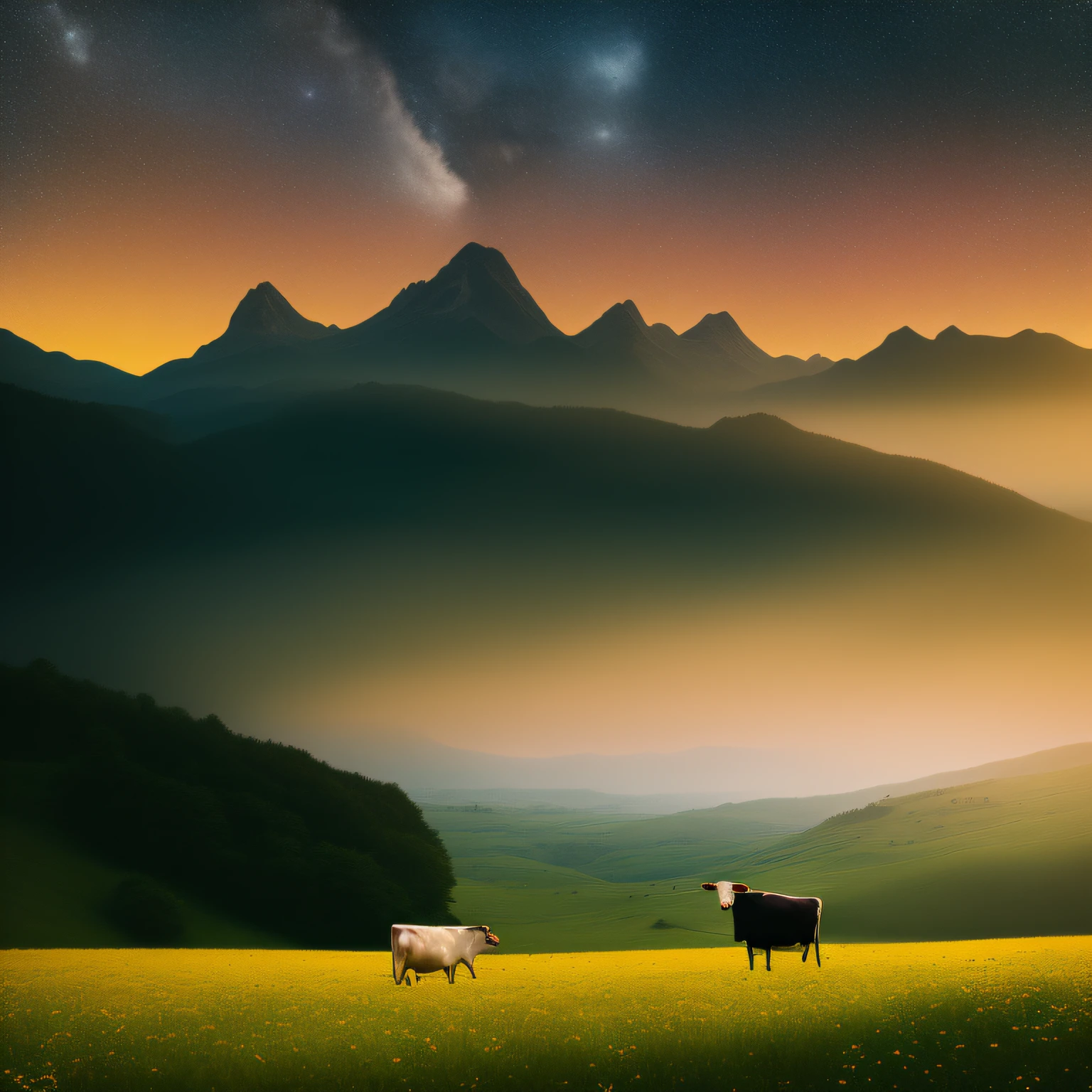 A serene cow with a beautiful coat and a myriad of twinkling stars scattered above, calmly munching on grass in a picturesque meadow. The breathtaking scene is complete with the majestic Milky Way shining brightly and towering alpine mountains in the distance. This remarkable image, whether captured in a photograph, is imbued with a soothing aura, encapsulating the ethereal beauty of nature. The meticulous attention to detail and vibrant colors make this artwork truly mesmerizing, evoking a sense of peace and tranquility. shot on a Canon AE - 1, Fujifilm Superia X - TRA 400 film (cinematic shot, film grain:1.1) ischreal, farm