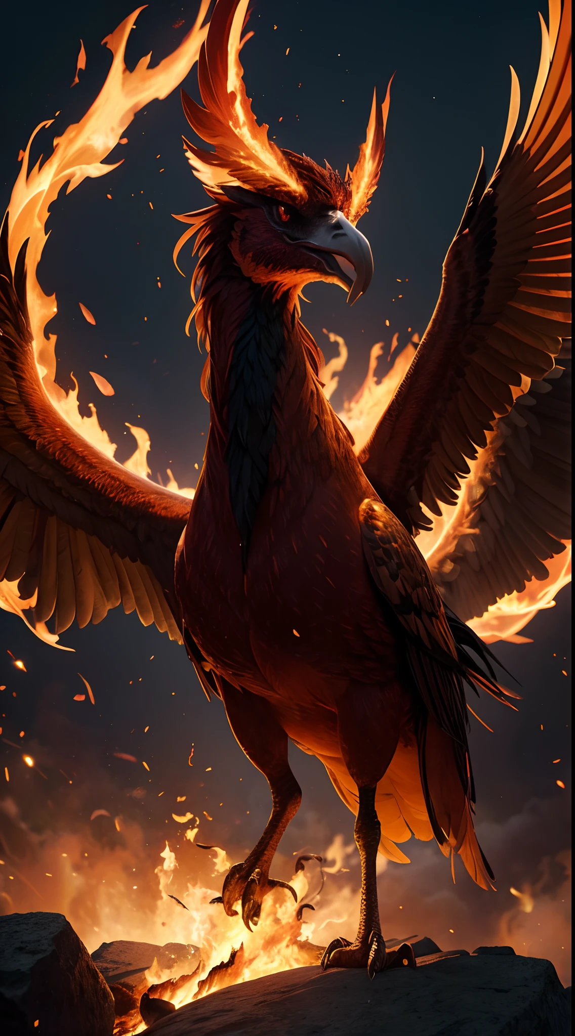 (best quality,4k,8k,highres,masterpiece:1.2),ultra-detailed,(realistic,photorealistic,photo-realistic:1.37),vivid colors,bokeh,Phoenix of flames,fiery wings,burning feathers,inferno of red and orange,mythical creature,feathers flickering in the heat,majestic and powerful,emitting radiant light,elegant and graceful,standing on a mountain peak,scorching heat and intense energy,sharp and defined lines,detailed features,piercing eyes,fiery glare,feathers dancing in the wind,captivating and mesmerizing,embodying strength and resilience,dark silhouette against the fire,scenery of destruction and rebirth,mysterious and enchanting,transformative power of fire,blazing with passion and determination,mythical creature awakening from ashes,explosions of vibrant colors and sparks,flying with grace and confidence,illuminating the darkness,creating shadows and warm hues,glowing in the dusk,bringing warmth and light to the world.