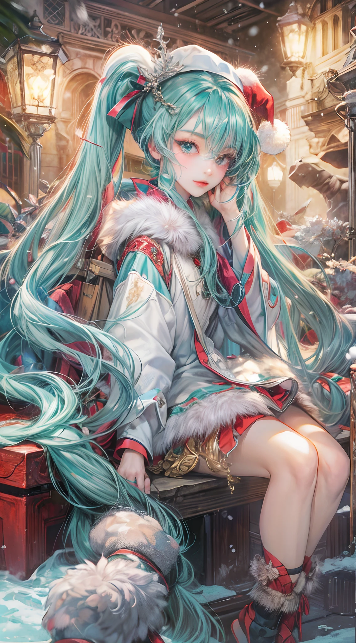 Absurdres masterpiece HDR high quality picture of Hatsune Miku, very girl 14 years ailed face, simple hair design , beautiful face, simple pose hands hiding in her long hair and clothes, very long hair, ((random hair style:1 )) , anime eyes, light skin ,
Santa Claus outfit , detailed hair ornaments , winter muffs and fur hat, beautiful background, masterpiece scenery