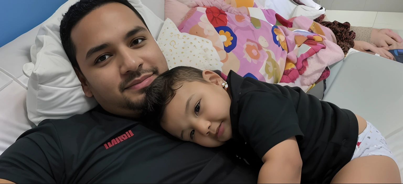There's a man and a child lying on a bed, pai com filho, Postagem no Reddit, foto do perfil, with a kid, imagem de qualidade muito baixa, 4 k post, Postagem 4k, foto de perfil, tirado no iphone 14 pro, foto do snapchat, looking defiantly at the camera, tirado no iphone 1 3 pro, foto do instagram, foto de perfil, foto retrato