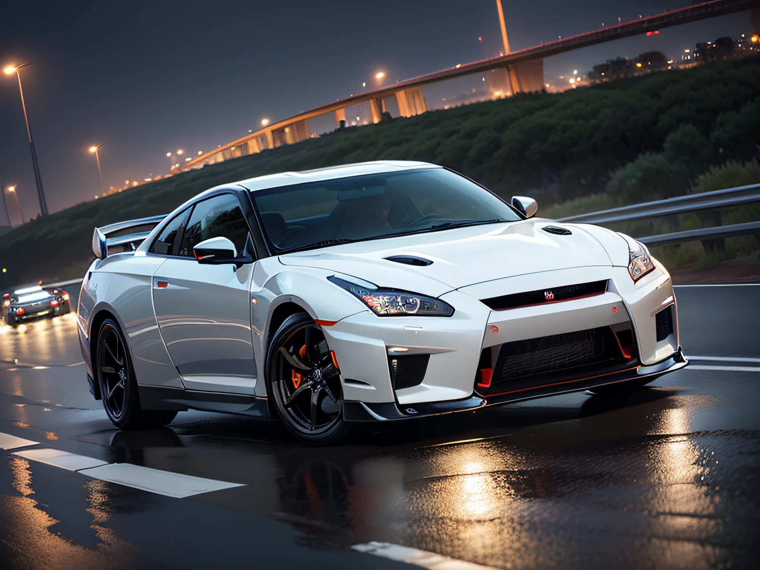 超A high resolution、An ultra-high picture quality、8K、Detailed details、marvelous expression、Big city at night、 NISSAN.R32.GT-R(Metallic White)Driving on the highway、Turn on the headlights、Ride beautifully through the highway at night、