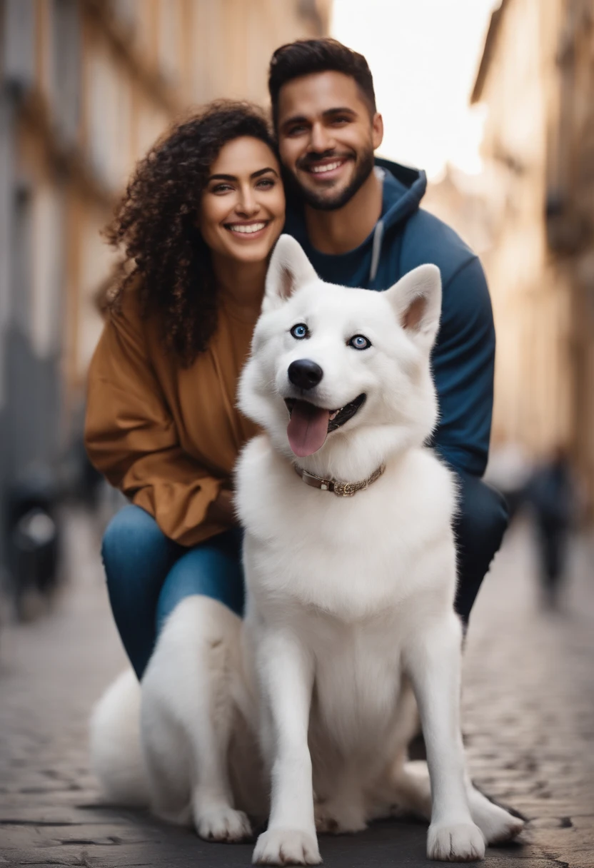 Pixar. Couple with a female white husky dog. A menina branca tem os cabelos castanho com mecha branca solto, Camiseta cinza e jeans claro. The boy is black with curly black hair, barba pequena, oculos, Dark blue jeans and gray t-shirt. They are both smiling and are 26 years old