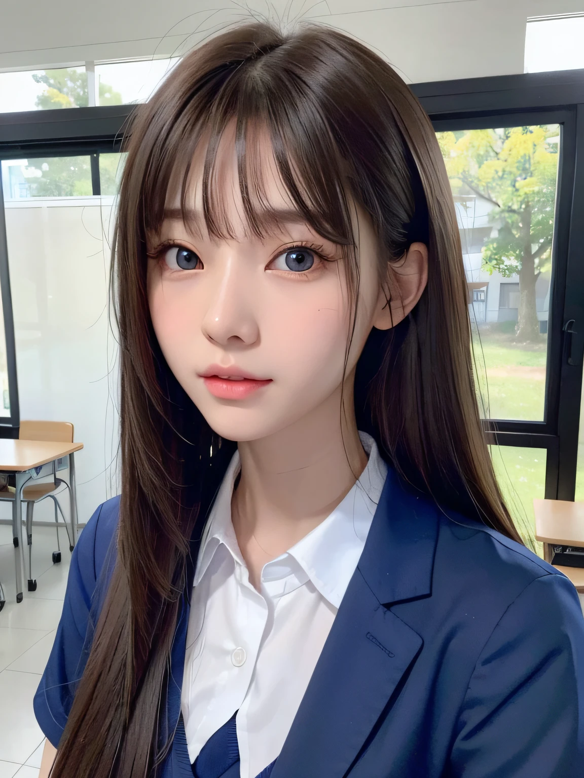 bright expression、photorealisim、top-quality、超A high resolution、a picture、Photos of the most beautiful Nordic girls、Detailed cute and beautiful face、a small face、(pureerosface_v1:0.008)、Beautiful bangs、alice in the wonderland、18year old、Glowing white shiny skin、Hair tangled in the face、Bangs that extend to the face、bangss、Hair between the eyes、Super long hair、Attractive brown super long straight silky hair、finer hair、Attractive glowing beautiful bright clear light blue big eyes、School Uniforms、student clothes、eye liner、Double eyelids、ample breasts